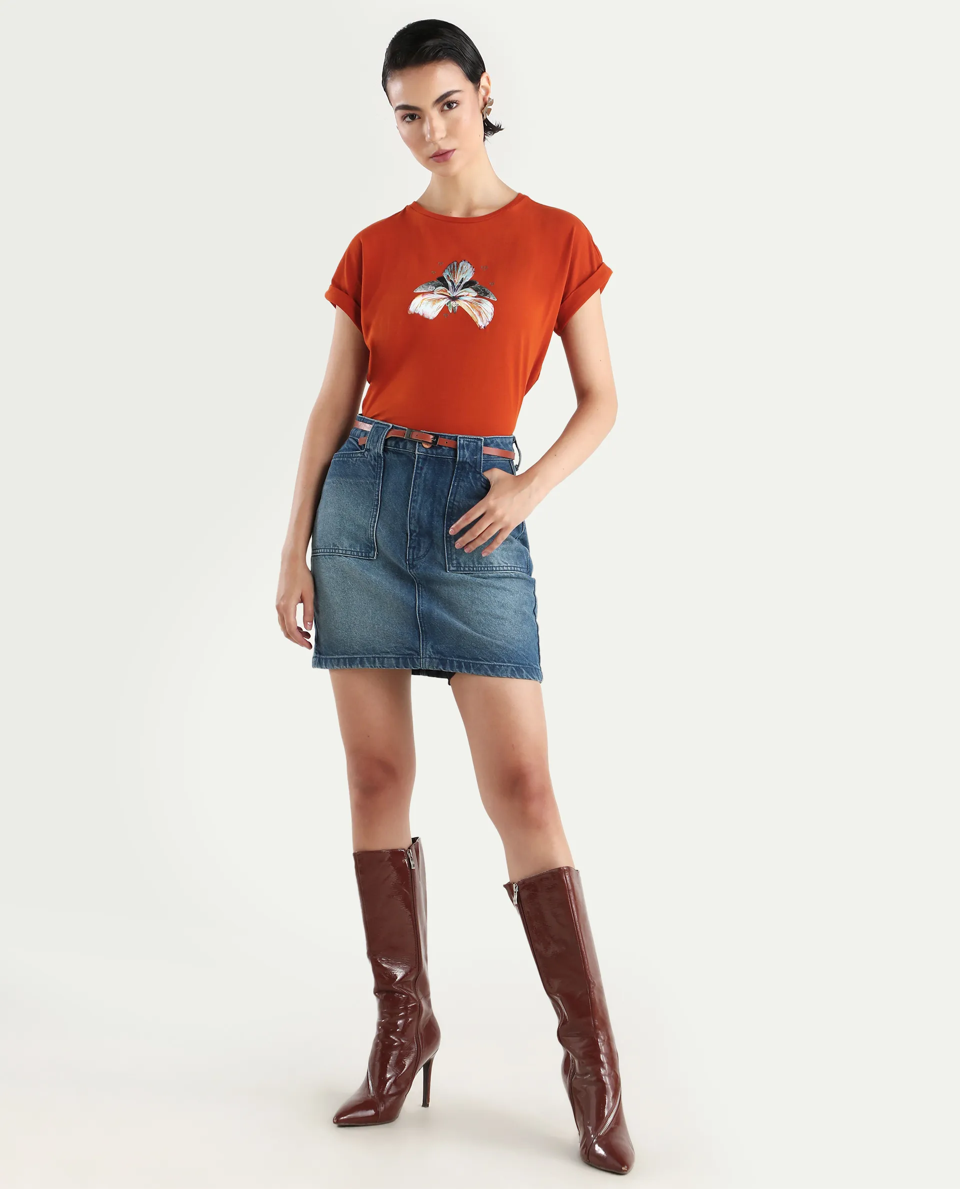 Rareism Women's Rolfer Rust Cotton Blend Crew Neck Graphic Print Extended Sleeves Relaxed Fit T-Shirt - Image 2