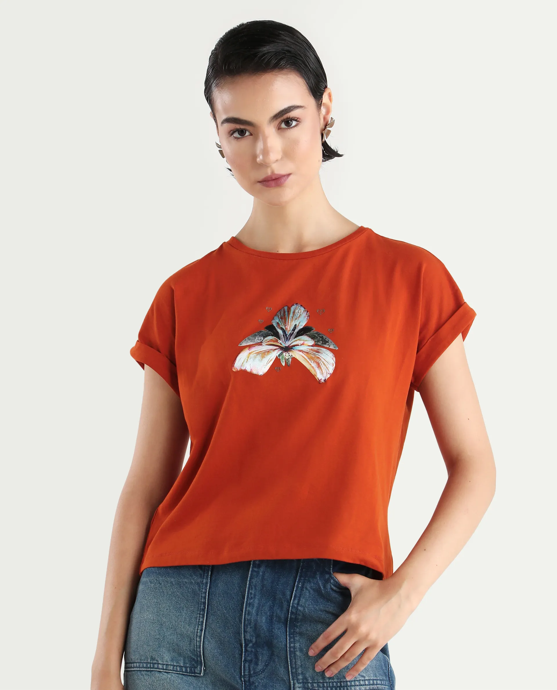 Rareism Women's Rolfer Rust Cotton Blend Crew Neck Graphic Print Extended Sleeves Relaxed Fit T-Shirt - Image 3