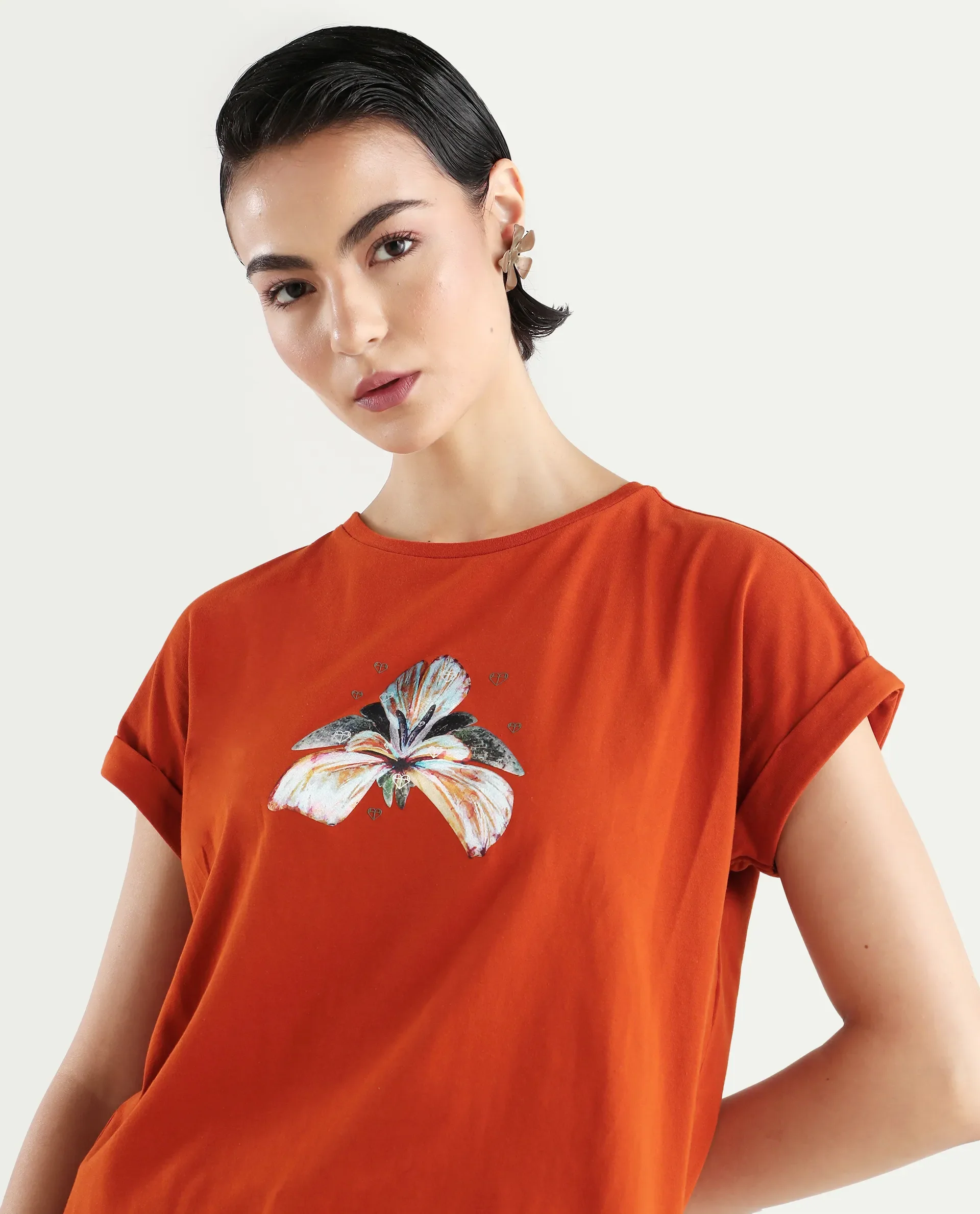 Rareism Women's Rolfer Rust Cotton Blend Crew Neck Graphic Print Extended Sleeves Relaxed Fit T-Shirt - Image 4