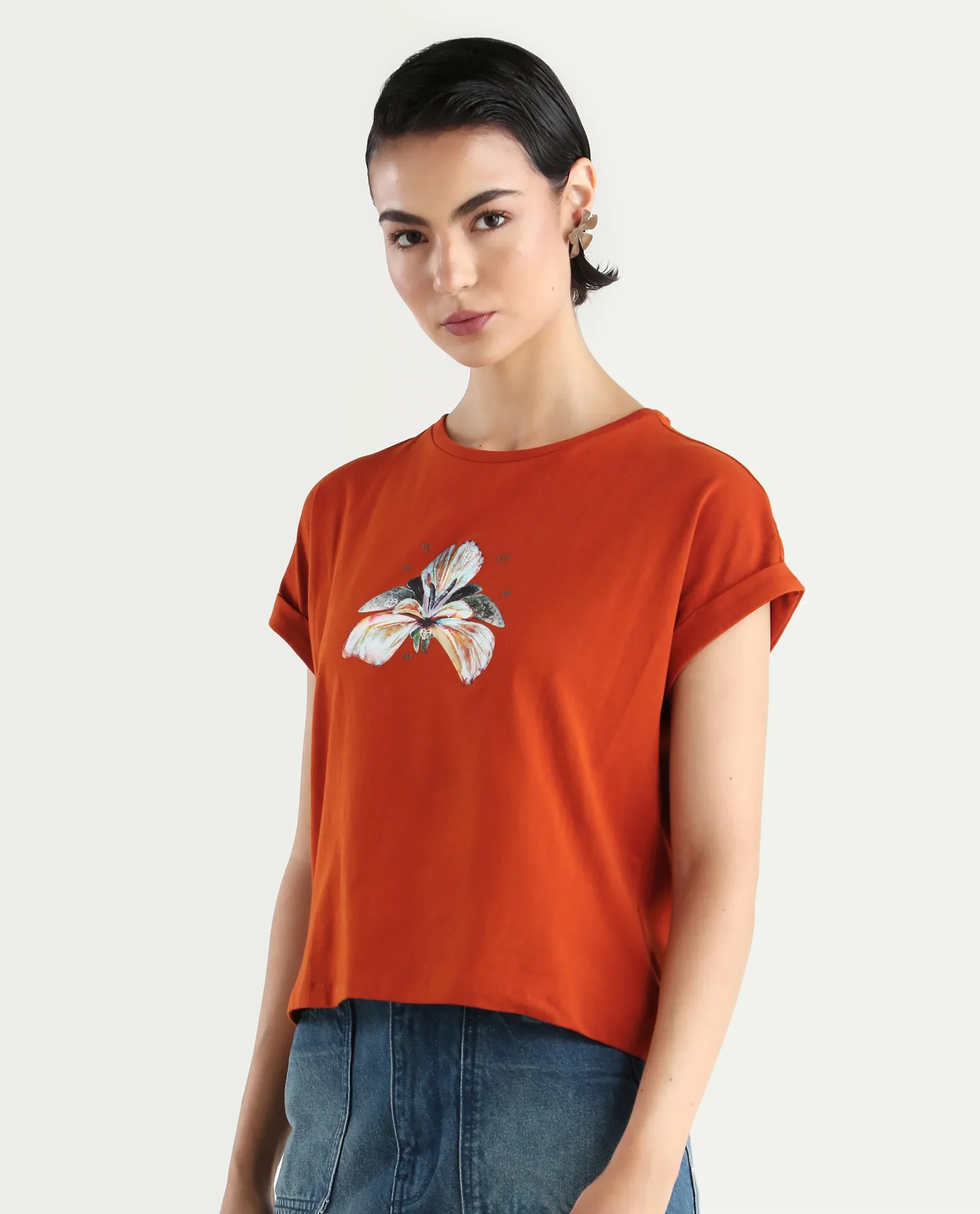 Rareism Women's Rolfer Rust Cotton Blend Crew Neck Graphic Print Extended Sleeves Relaxed Fit T-Shirt - Image 5