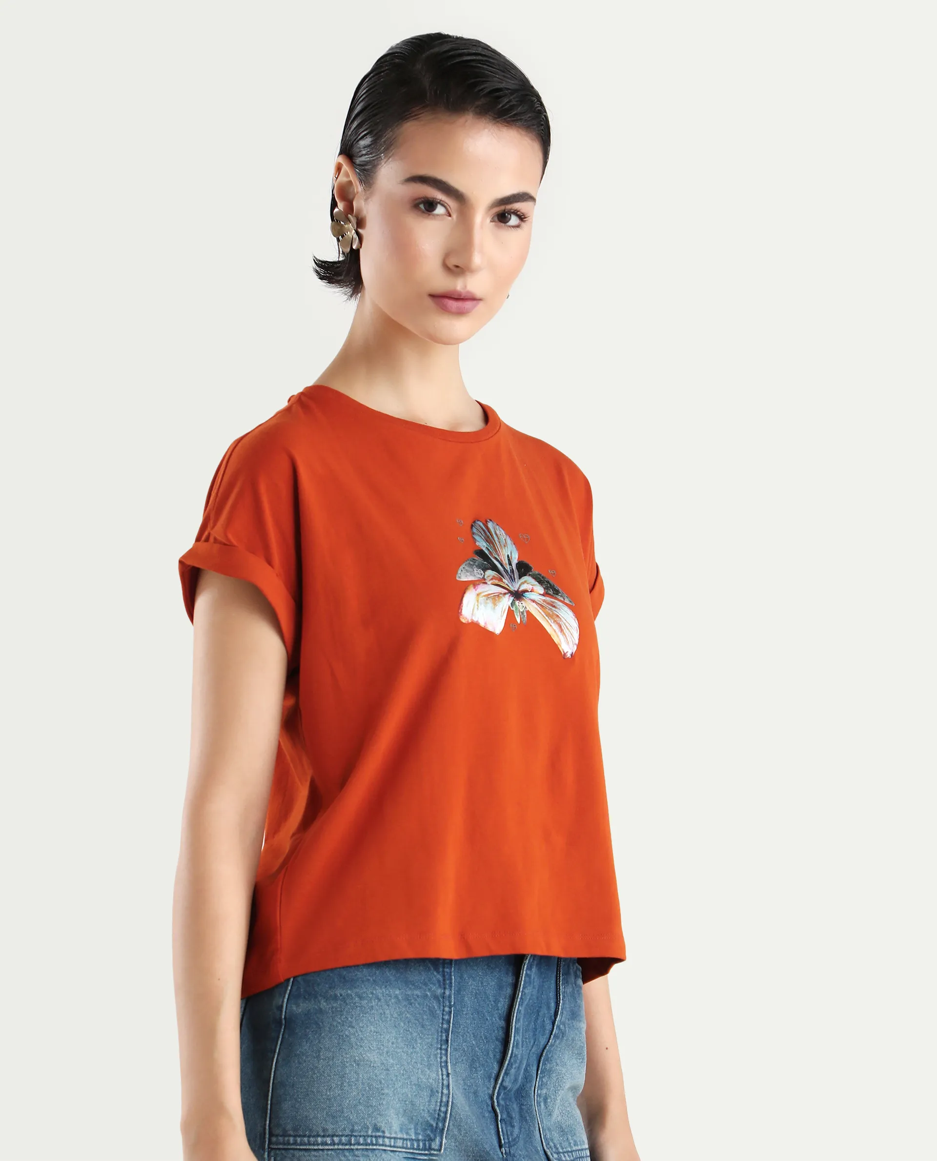 Rareism Women's Rolfer Rust Cotton Blend Crew Neck Graphic Print Extended Sleeves Relaxed Fit T-Shirt - Image 6