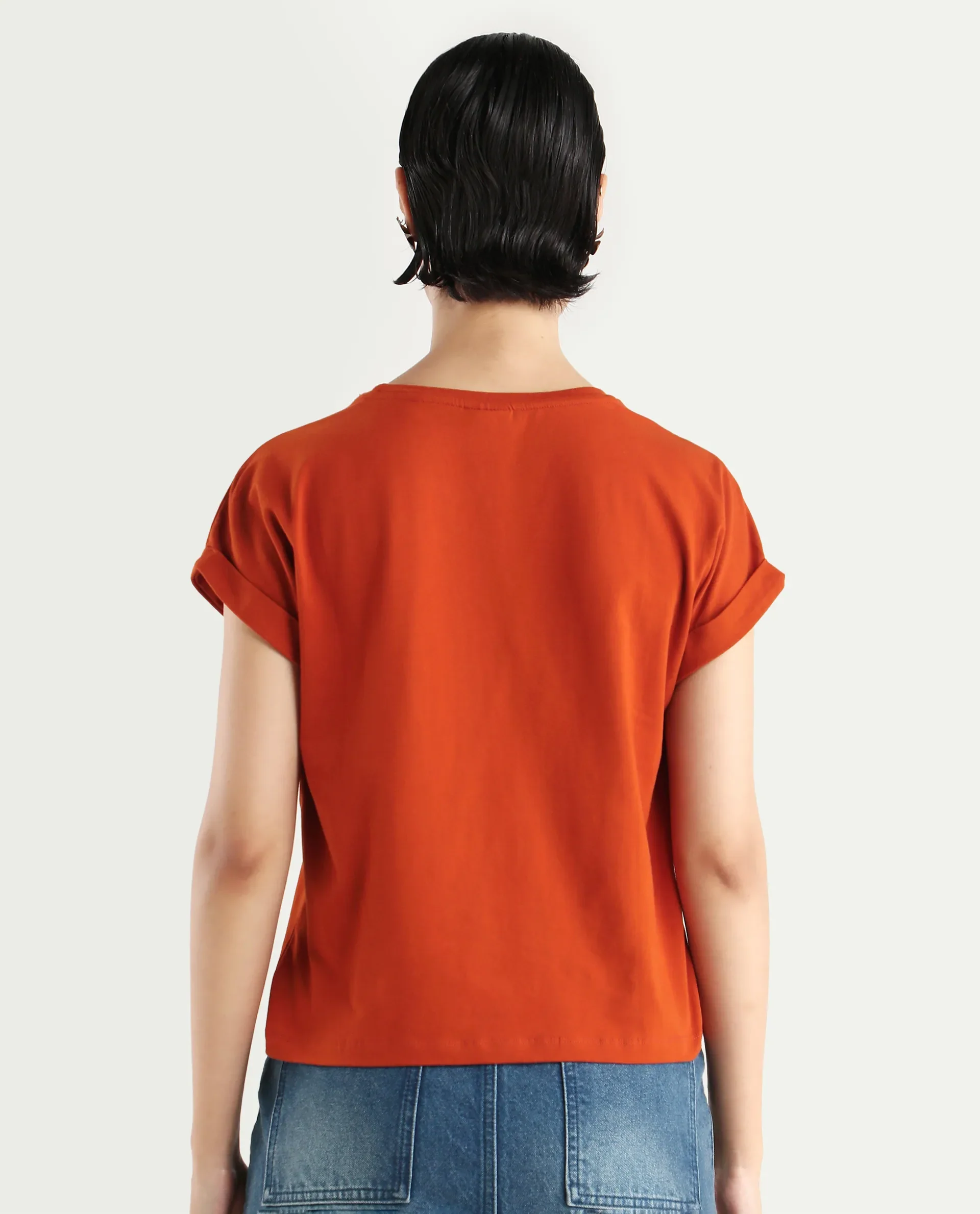Rareism Women's Rolfer Rust Cotton Blend Crew Neck Graphic Print Extended Sleeves Relaxed Fit T-Shirt - Image 7