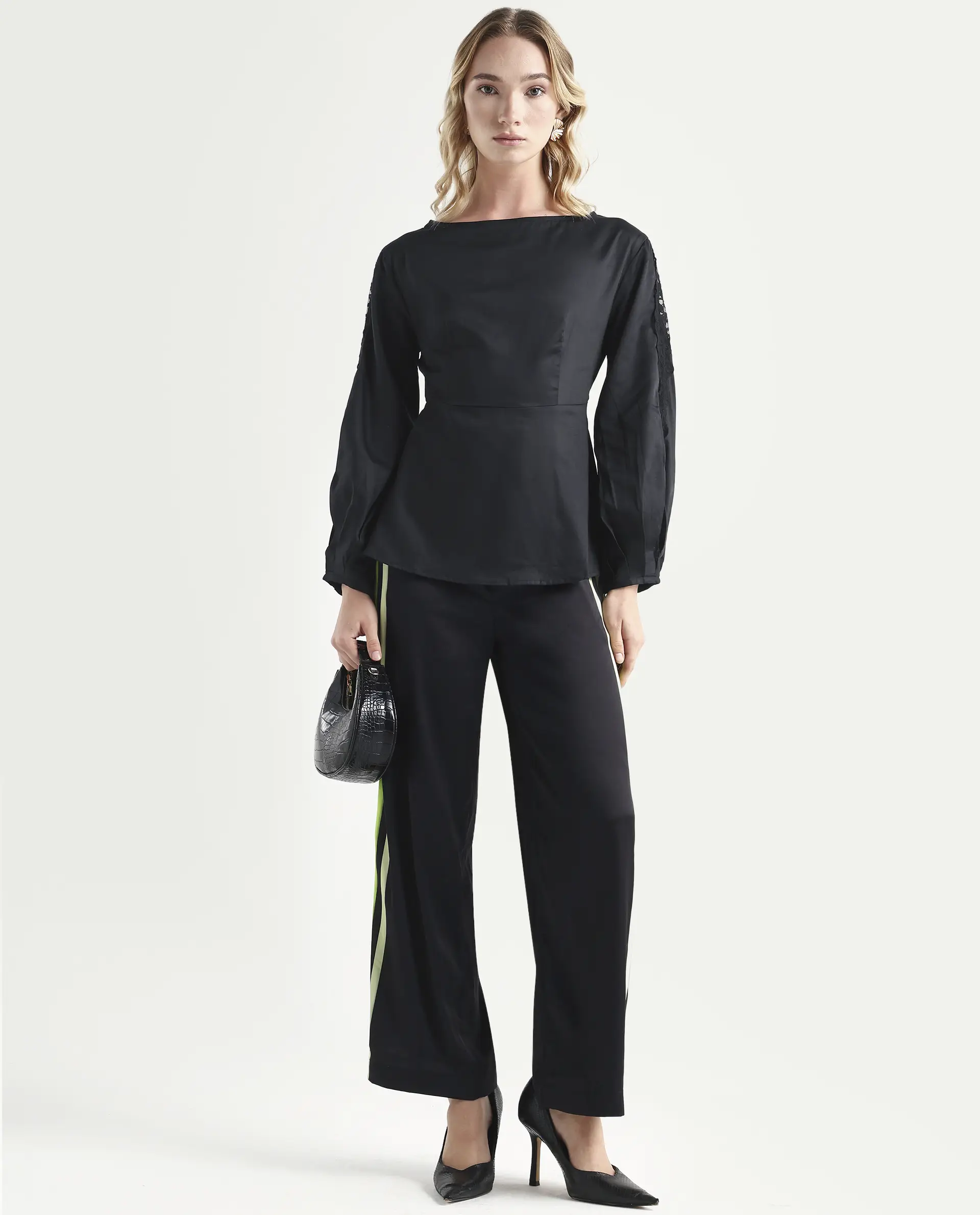 Rareism Women's Rolina Black Cotton Boat Neck Plain Balloon Sleeve Regular Fit Top - Image 2