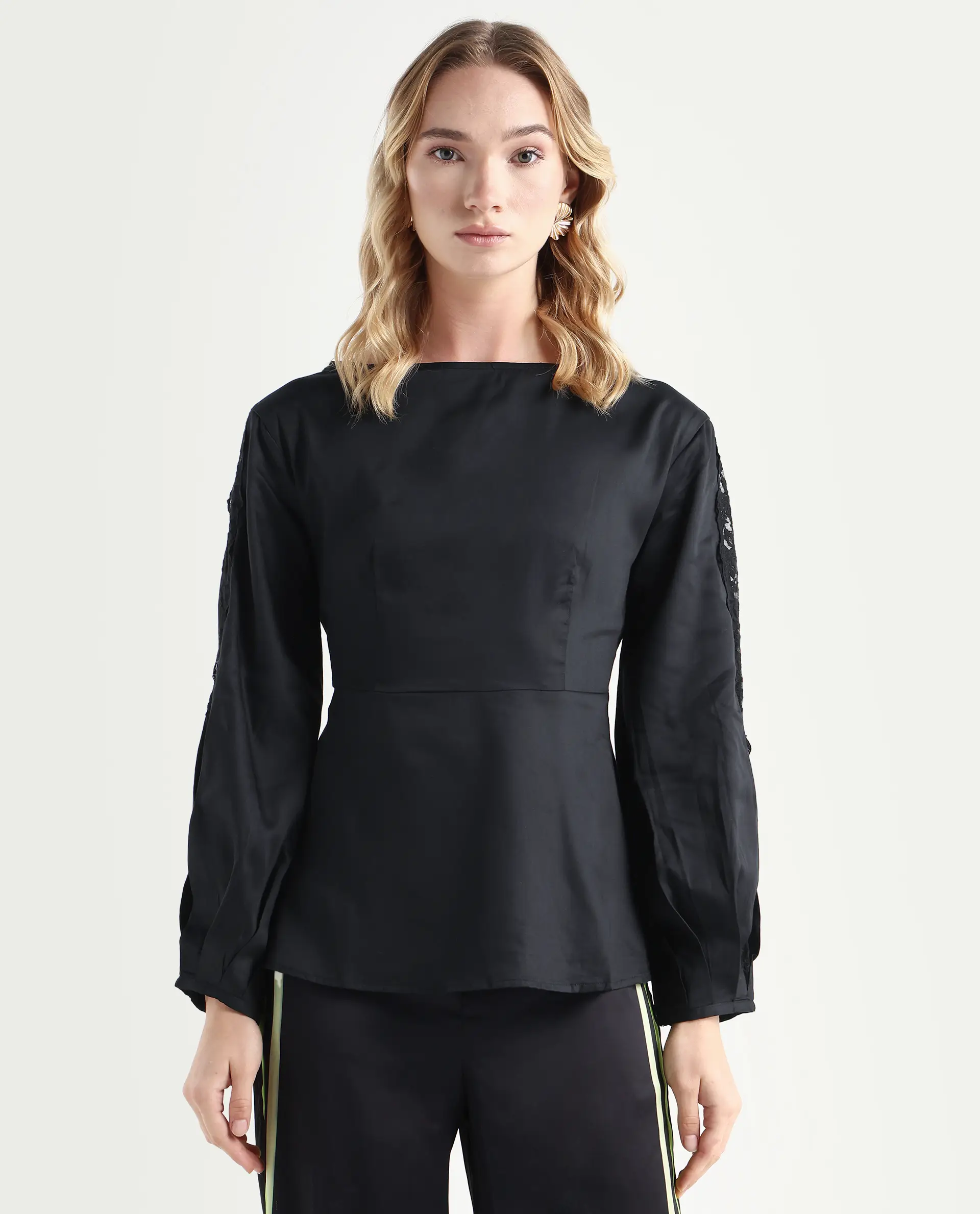 Rareism Women's Rolina Black Cotton Boat Neck Plain Balloon Sleeve Regular Fit Top - Image 3