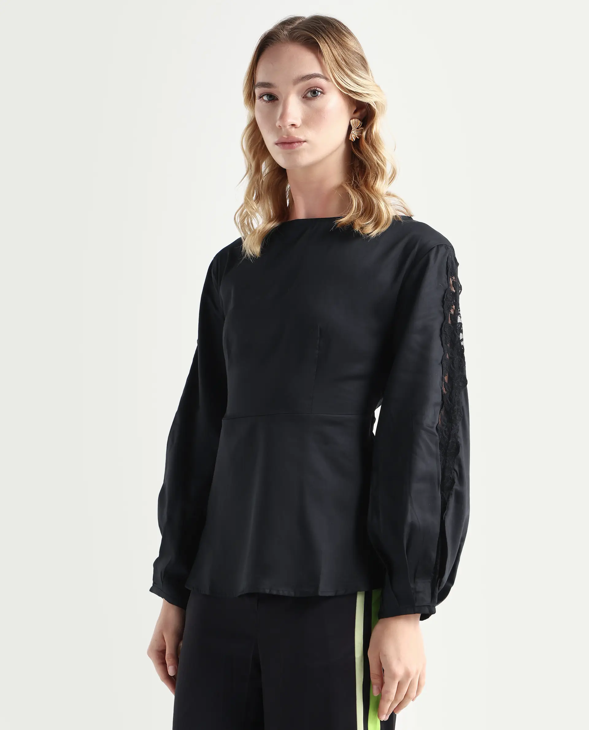 Rareism Women's Rolina Black Cotton Boat Neck Plain Balloon Sleeve Regular Fit Top - Image 4