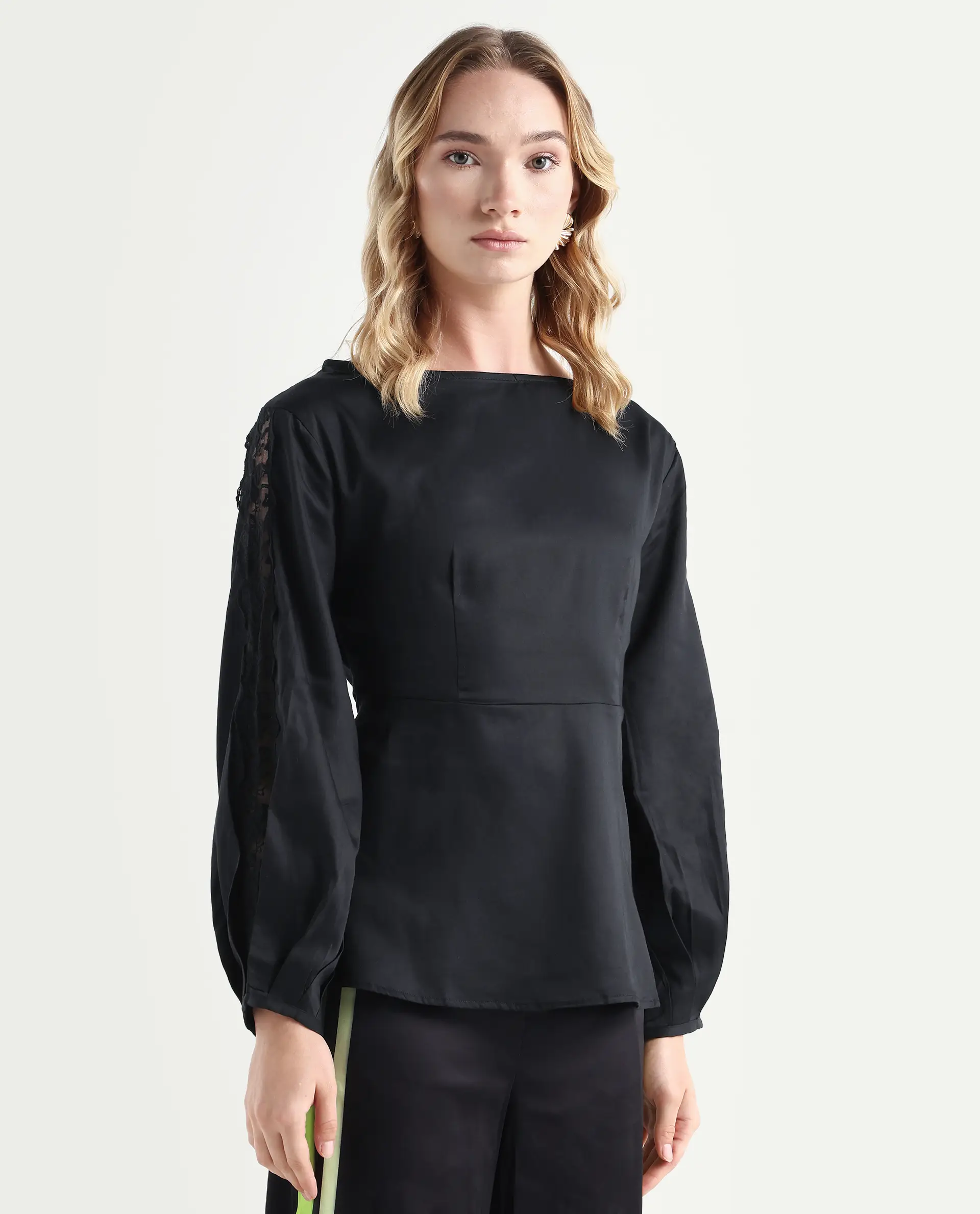 Rareism Women's Rolina Black Cotton Boat Neck Plain Balloon Sleeve Regular Fit Top - Image 5