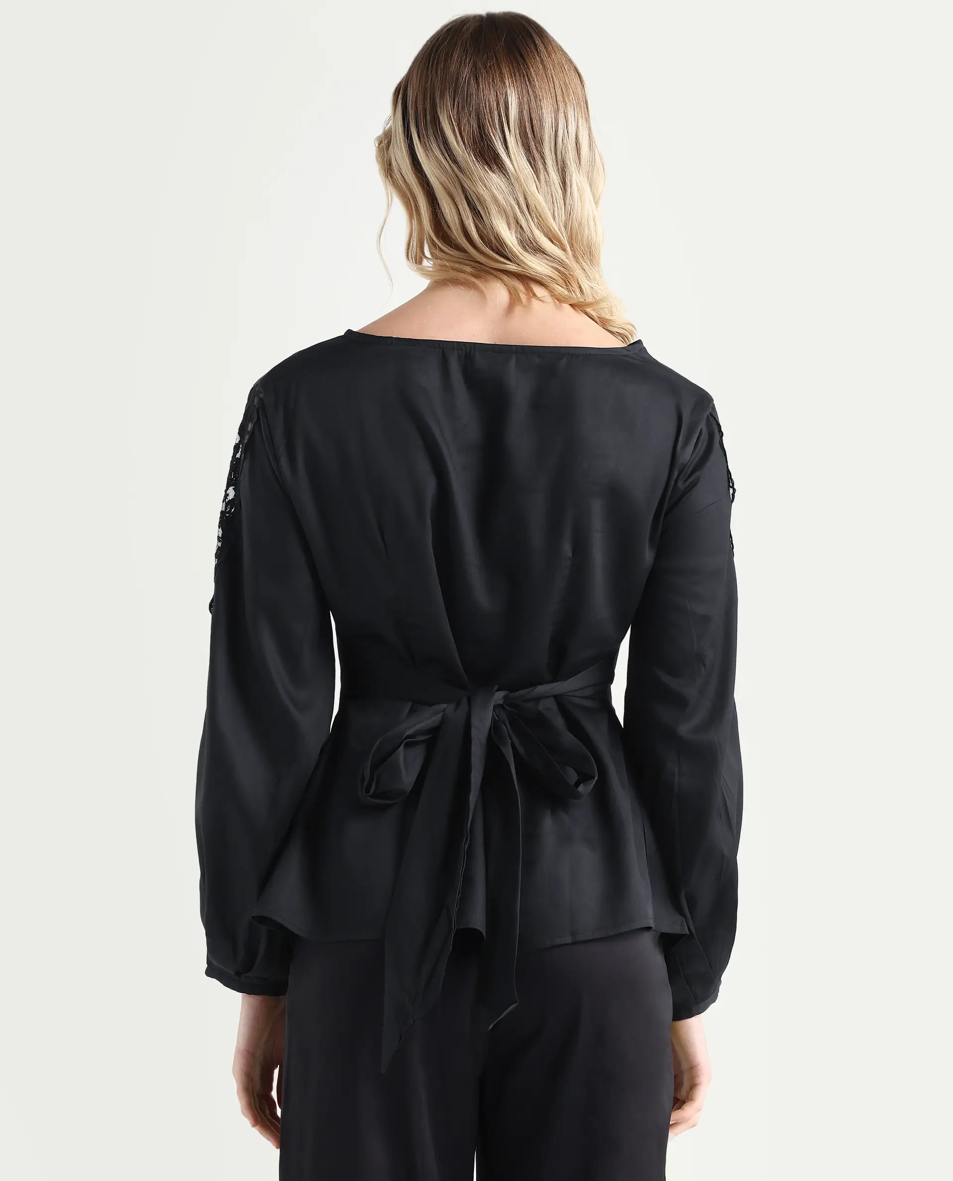 Rareism Women's Rolina Black Cotton Boat Neck Plain Balloon Sleeve Regular Fit Top - Image 6