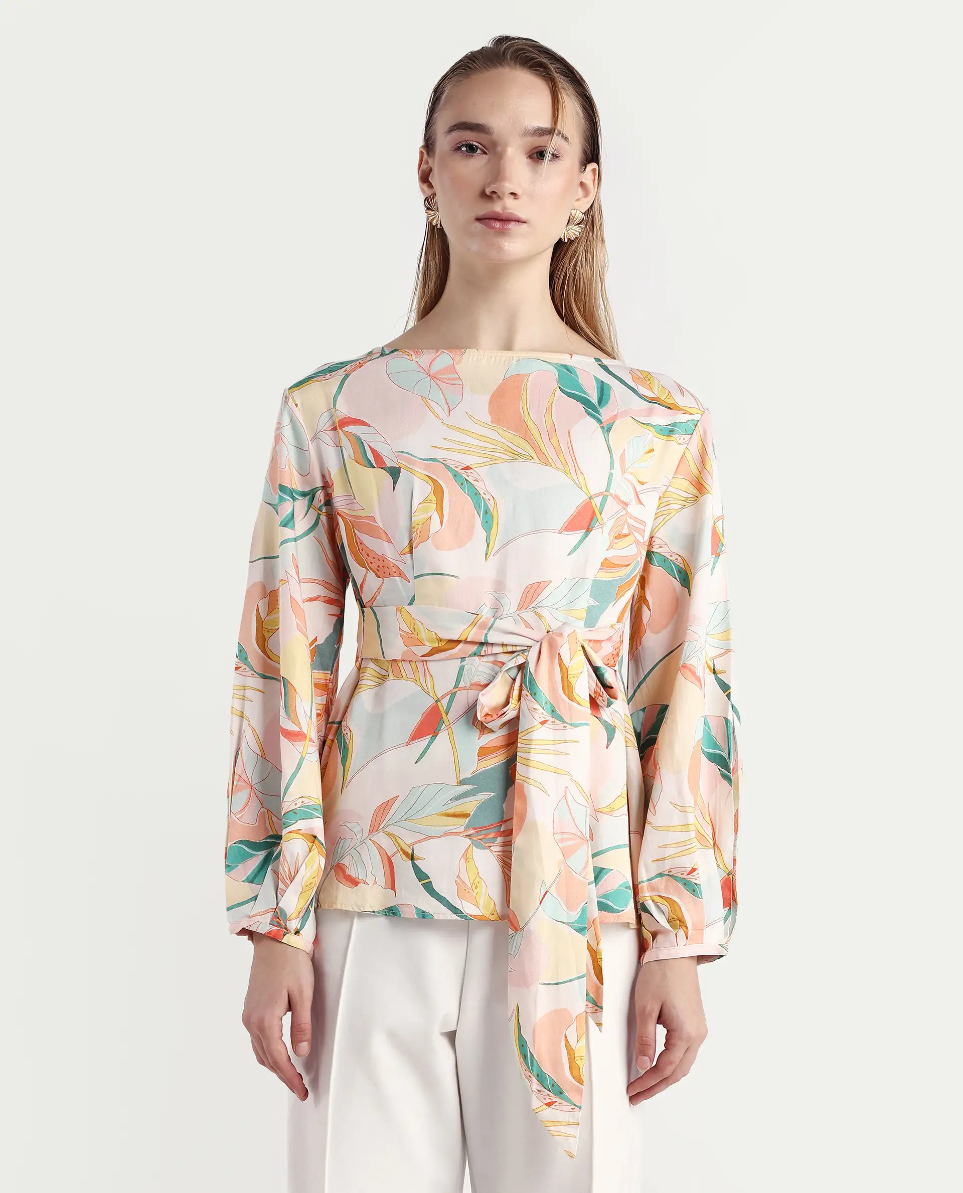 Rareism Women's Rolina Multi Cotton Boat Neck Abstract Print Regular Fit Top - Image 3