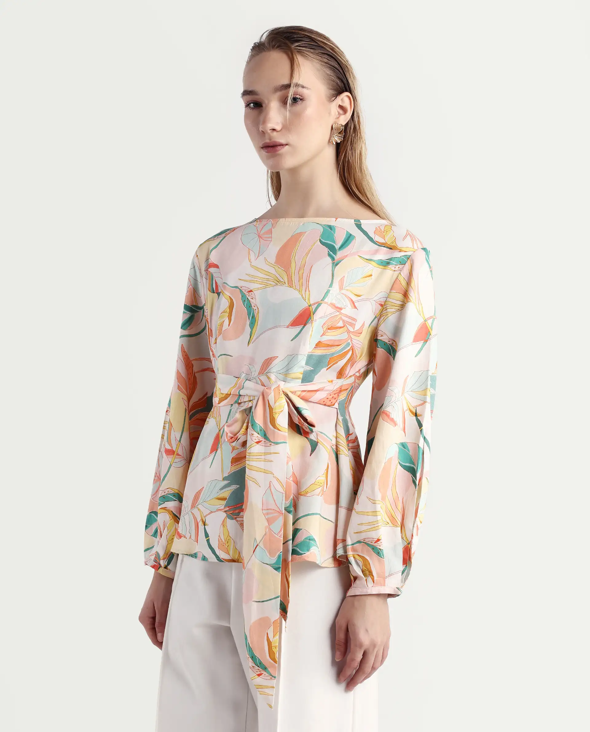 Rareism Women's Rolina Multi Cotton Boat Neck Abstract Print Regular Fit Top - Image 5