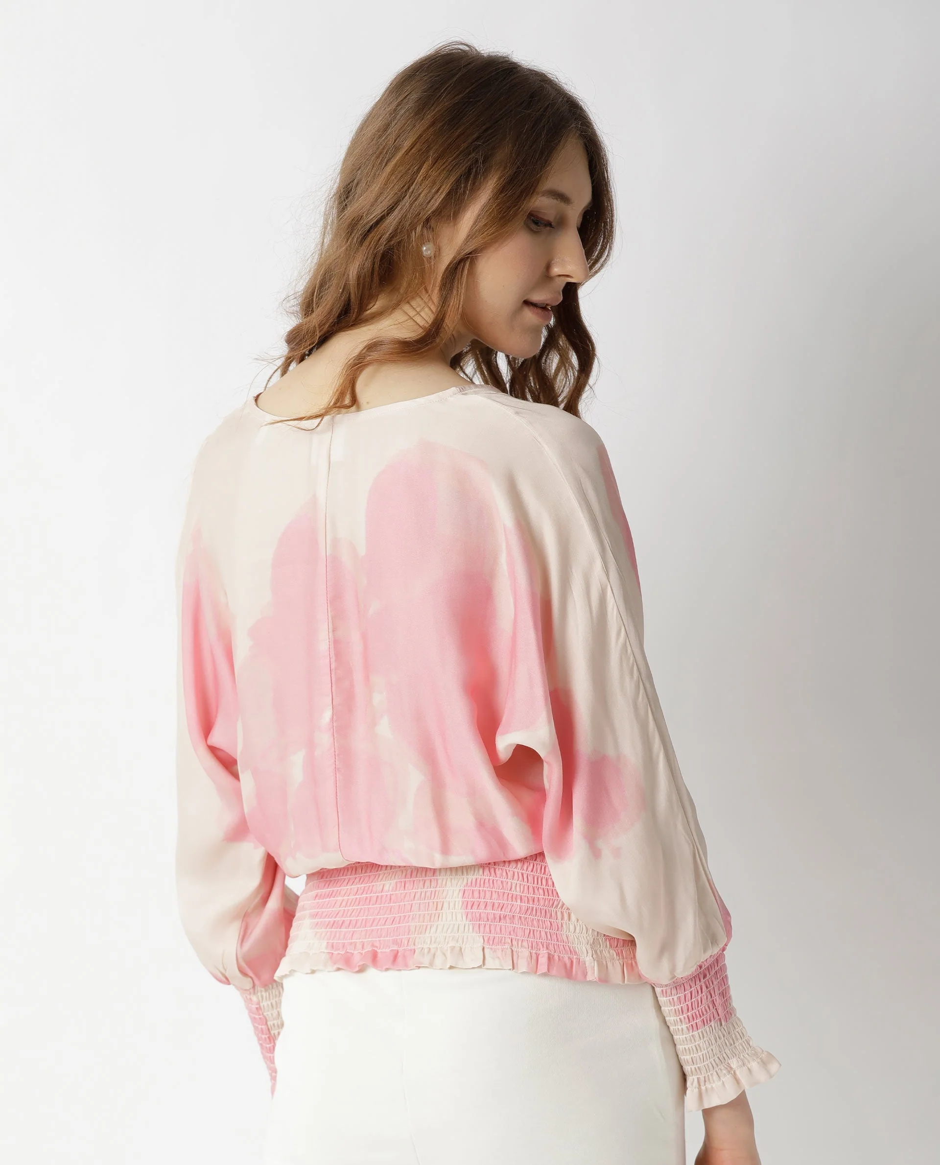 Rareism Womens Rollon Beige Top Modal Satin Fabric Regular Fit Batwing Sleeve V Neck - Image 2