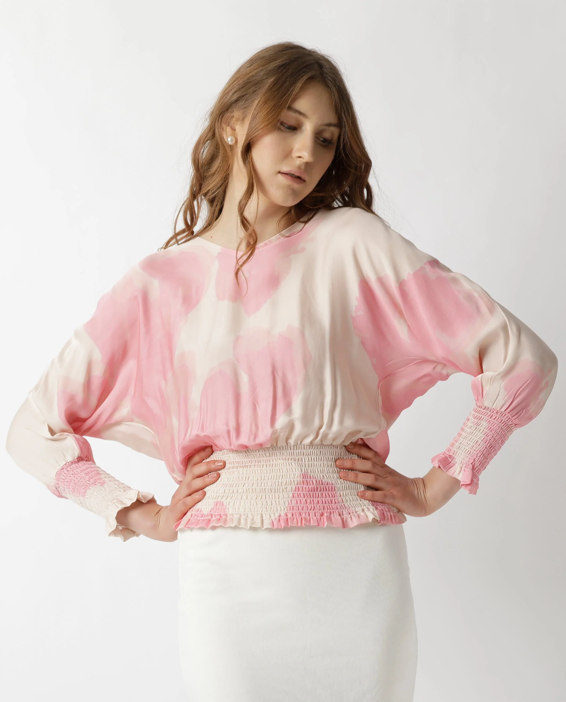 Rareism Womens Rollon Beige Top Modal Satin Fabric Regular Fit Batwing Sleeve V Neck - Image 3