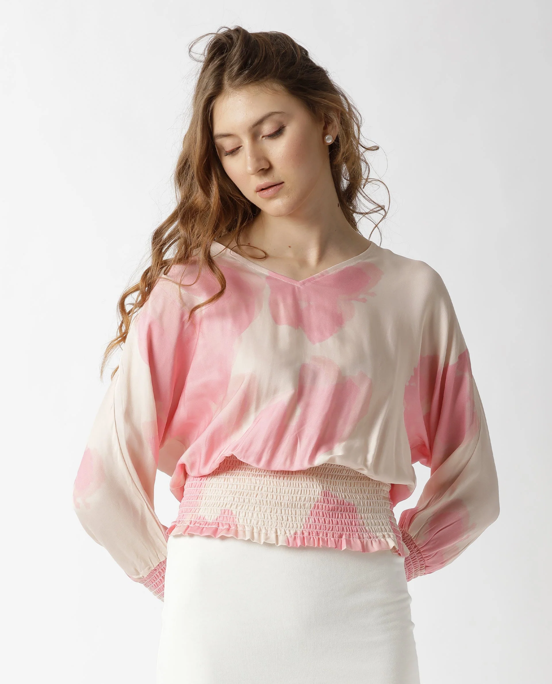 Rareism Womens Rollon Beige Top Modal Satin Fabric Regular Fit Batwing Sleeve V Neck - Image 4