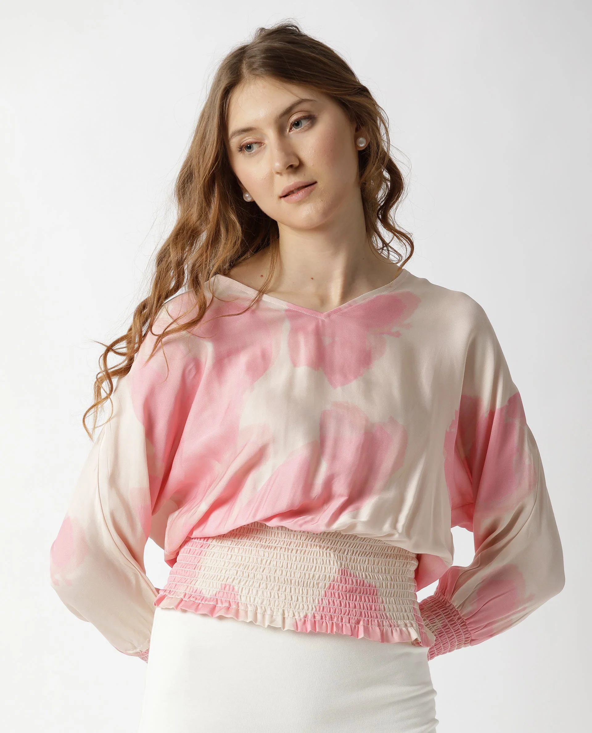 Rareism Womens Rollon Beige Top Modal Satin Fabric Regular Fit Batwing Sleeve V Neck - Image 5