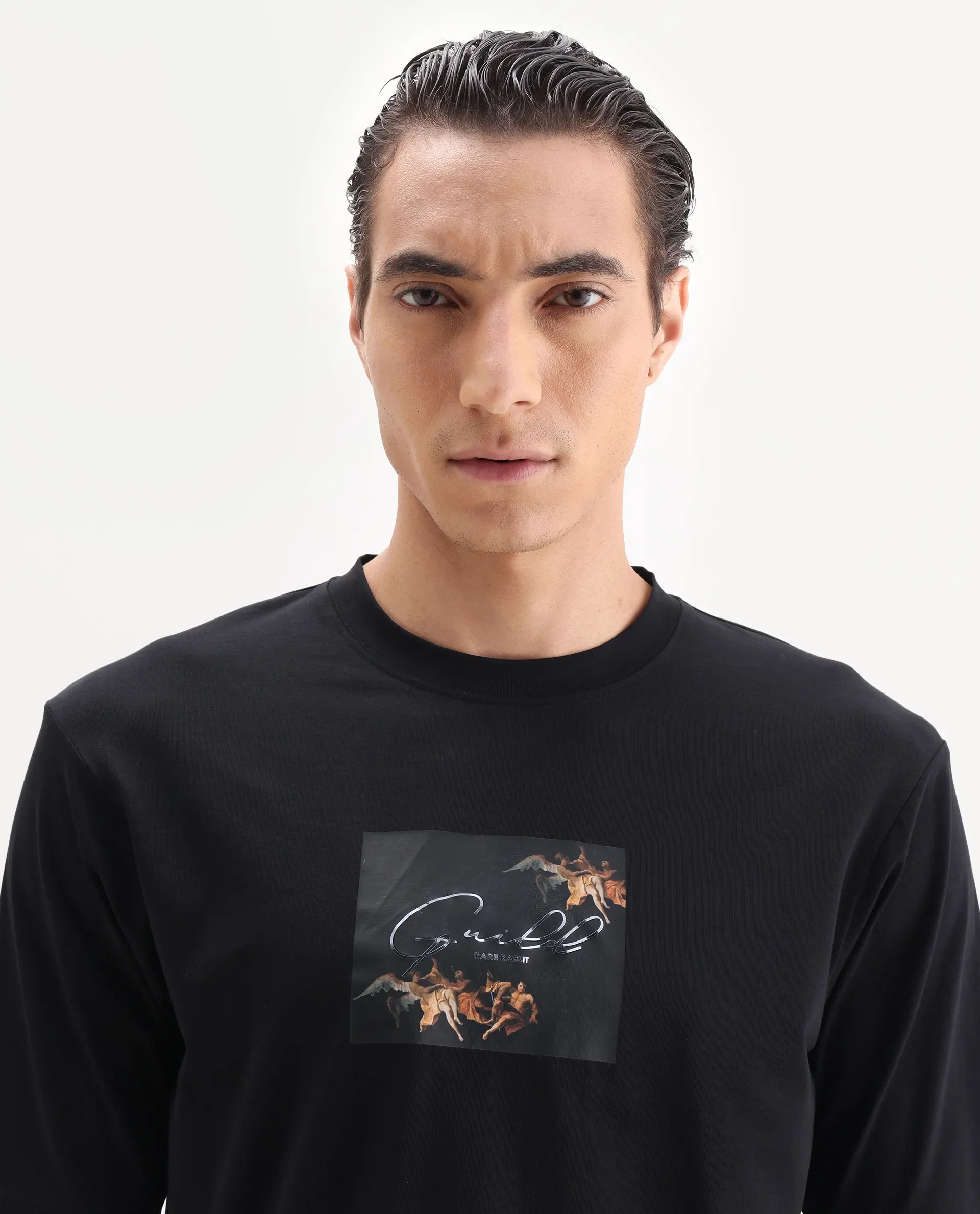 Rare Rabbit Men's Rom Black Cotton Blend Fabric Half Sleeve Crew Neck Oversized Fit Graphic Print T-Shirt