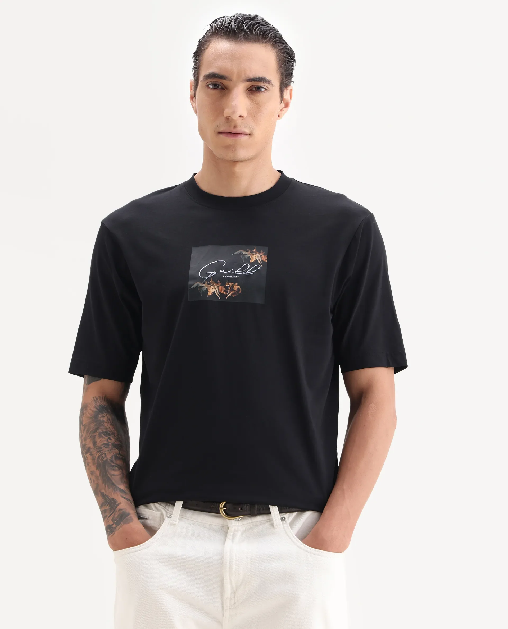 Rare Rabbit Men's Rom Black Cotton Blend Fabric Half Sleeve Crew Neck Oversized Fit Graphic Print T-Shirt - Image 2