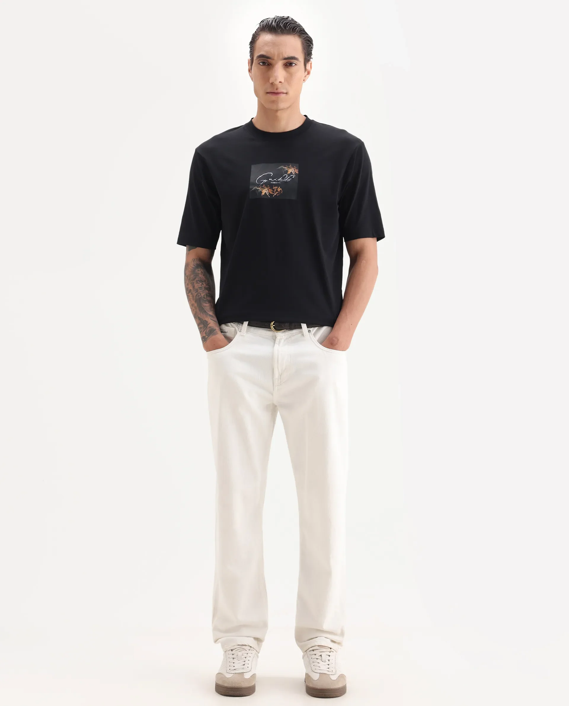 Rare Rabbit Men's Rom Black Cotton Blend Fabric Half Sleeve Crew Neck Oversized Fit Graphic Print T-Shirt - Image 3