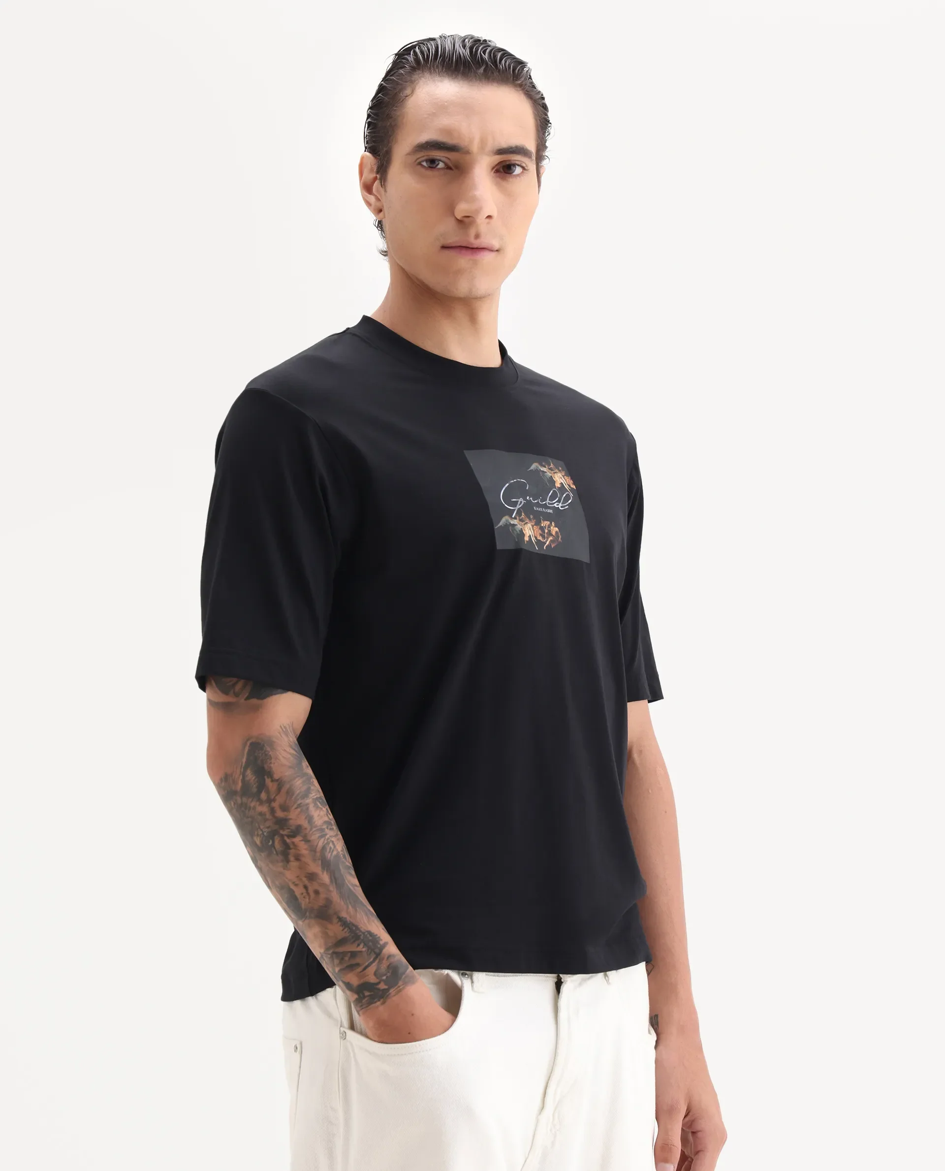 Rare Rabbit Men's Rom Black Cotton Blend Fabric Half Sleeve Crew Neck Oversized Fit Graphic Print T-Shirt - Image 4