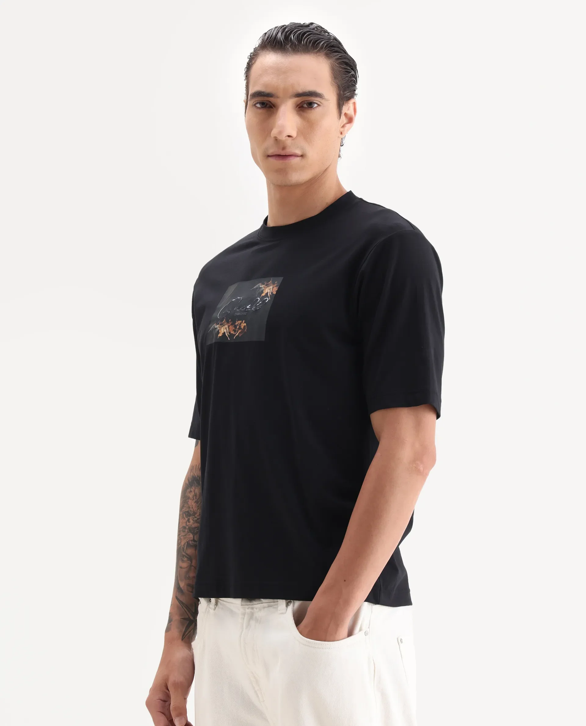 Rare Rabbit Men's Rom Black Cotton Blend Fabric Half Sleeve Crew Neck Oversized Fit Graphic Print T-Shirt - Image 5