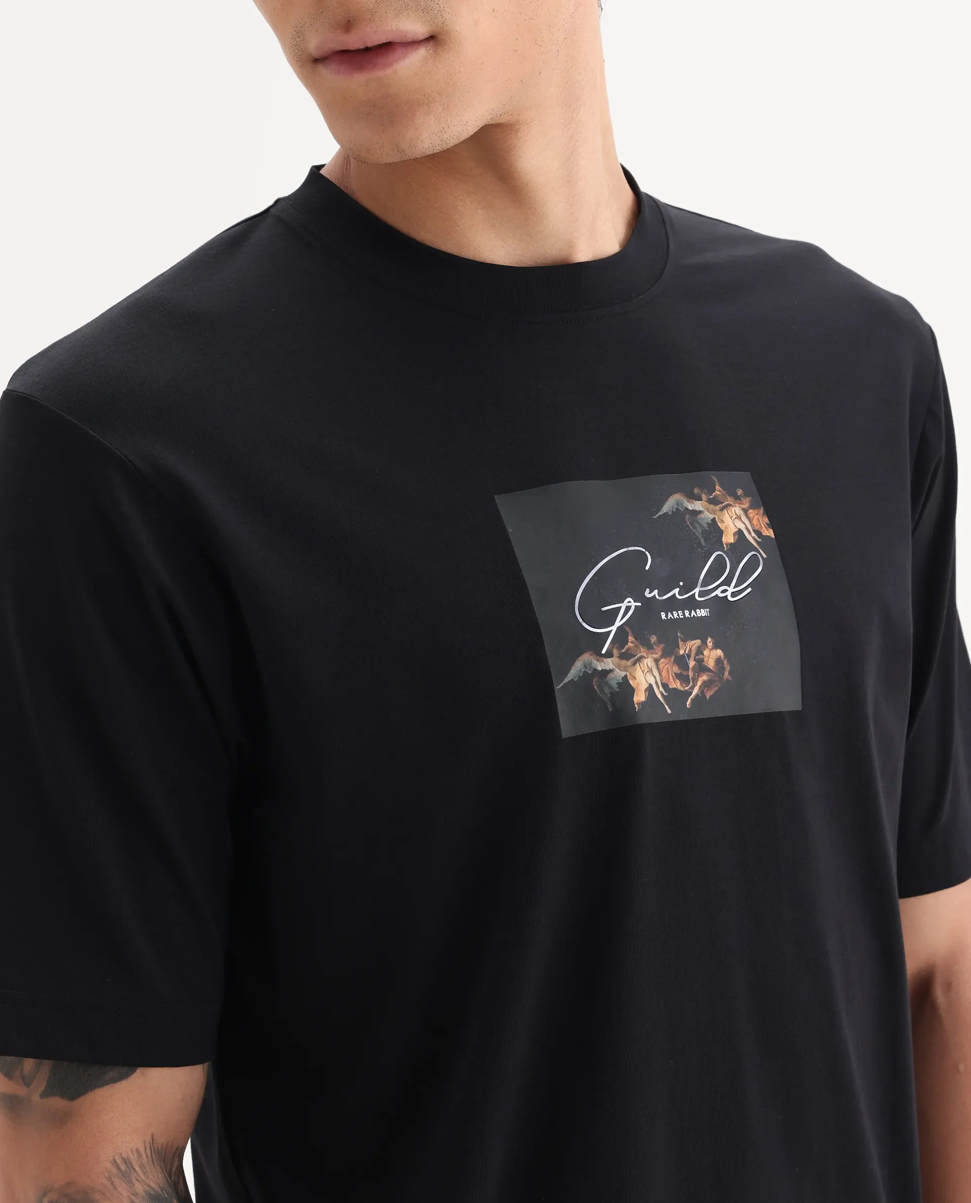 Rare Rabbit Men's Rom Black Cotton Blend Fabric Half Sleeve Crew Neck Oversized Fit Graphic Print T-Shirt - Image 6