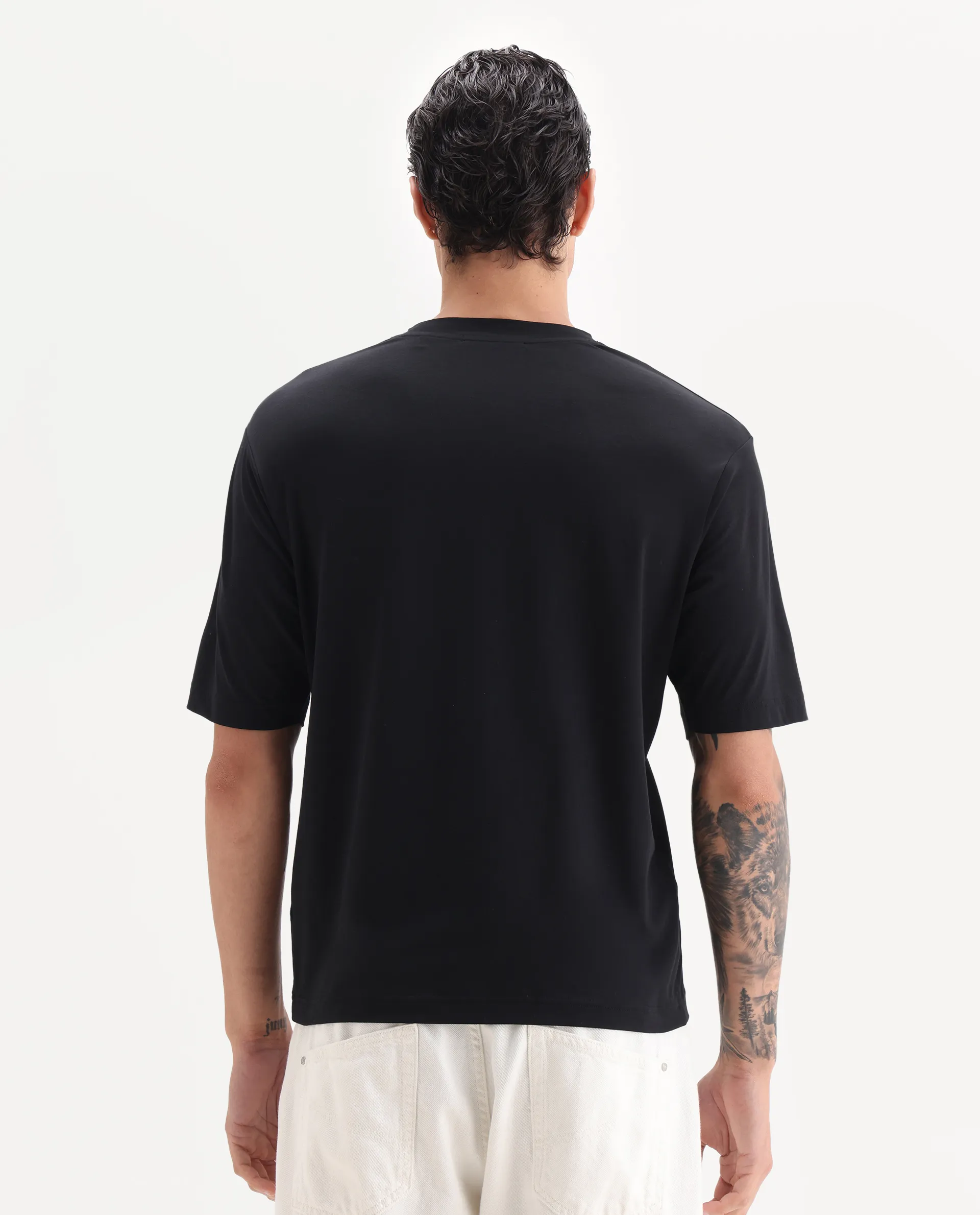 Rare Rabbit Men's Rom Black Cotton Blend Fabric Half Sleeve Crew Neck Oversized Fit Graphic Print T-Shirt - Image 7