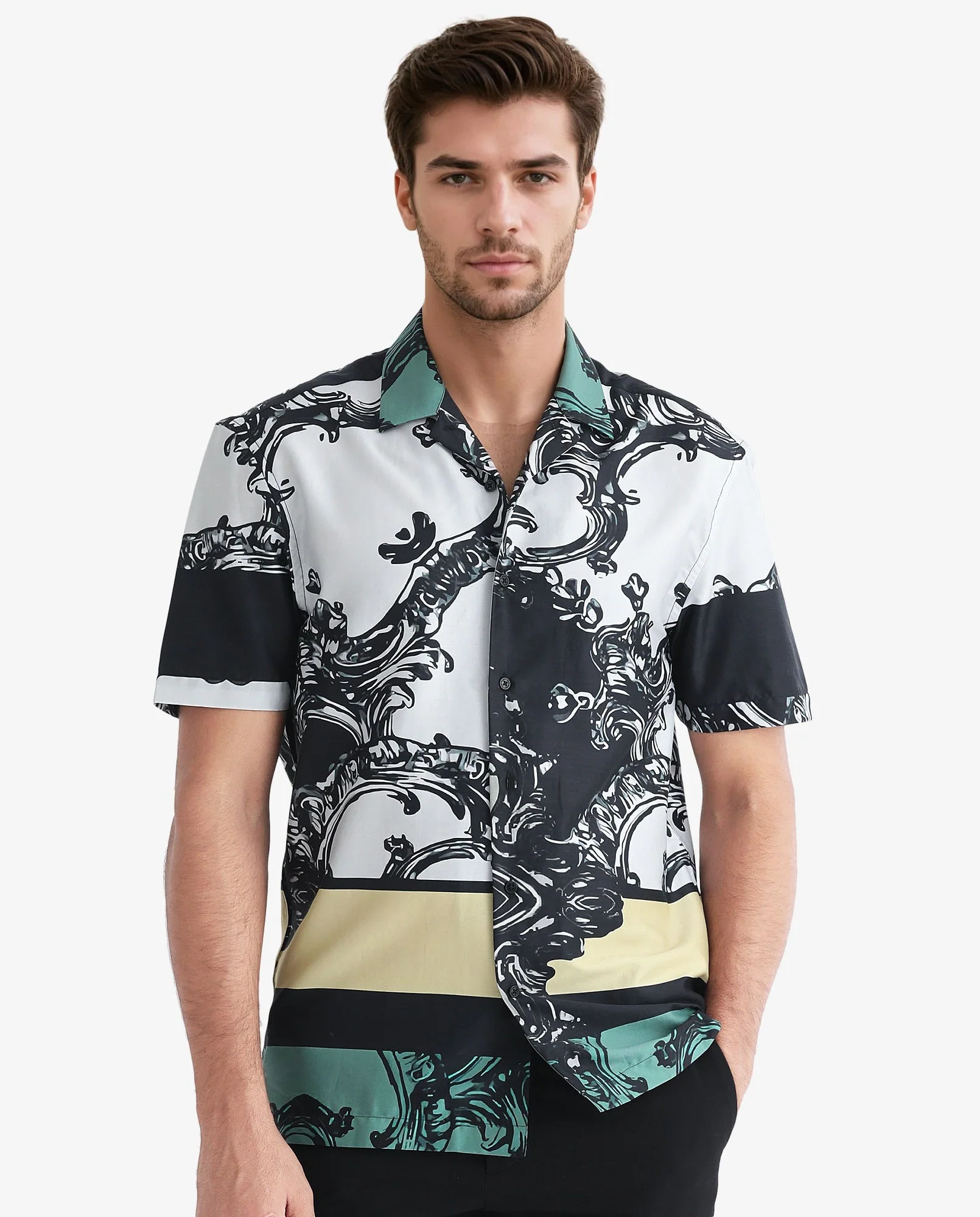 Rare Rabbit Men's Roman White Cotton Abstract Print Regular Fit Half Sleeve Cuban Collar Shirt