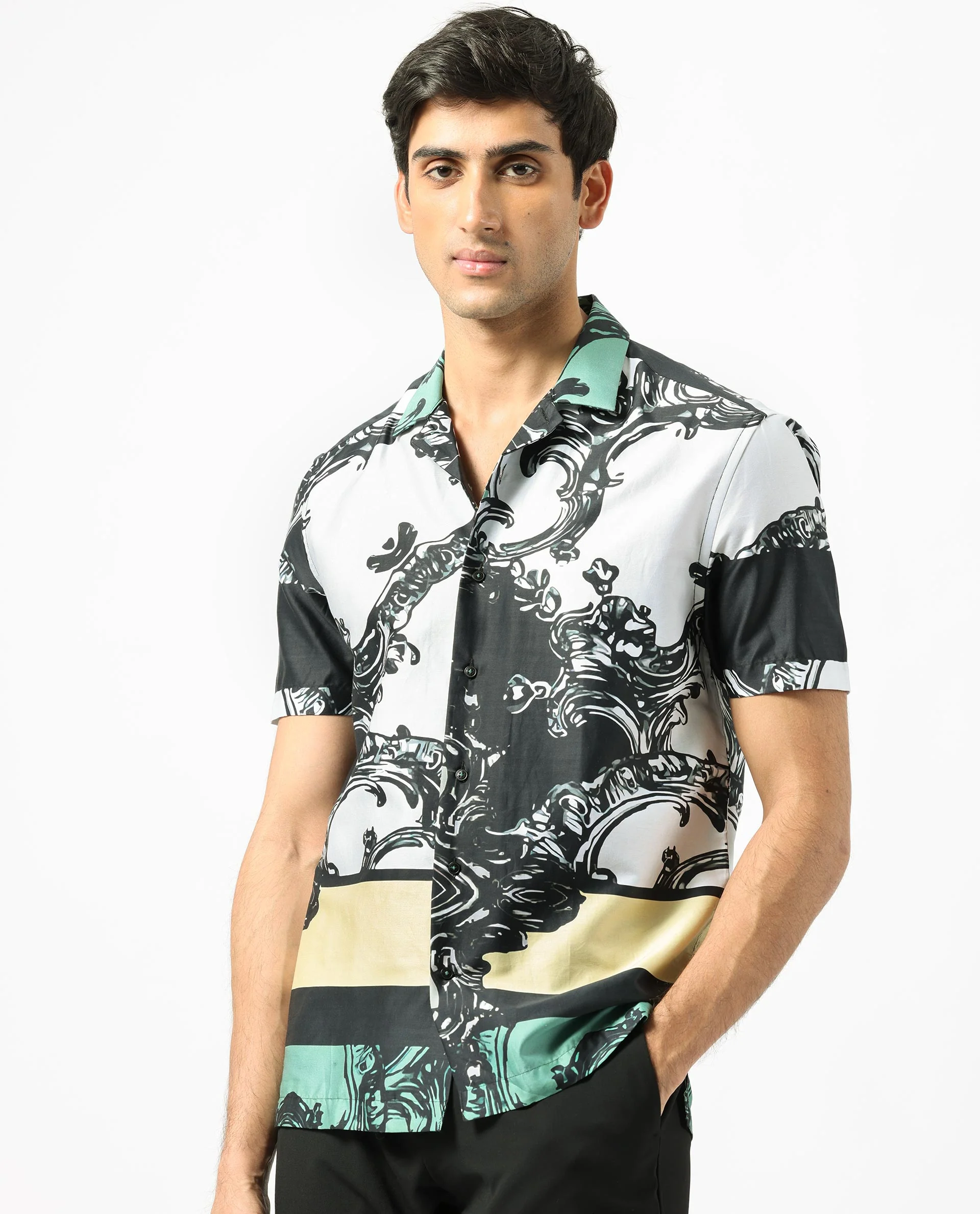 Rare Rabbit Men's Roman White Cotton Abstract Print Regular Fit Half Sleeve Cuban Collar Shirt - Image 2