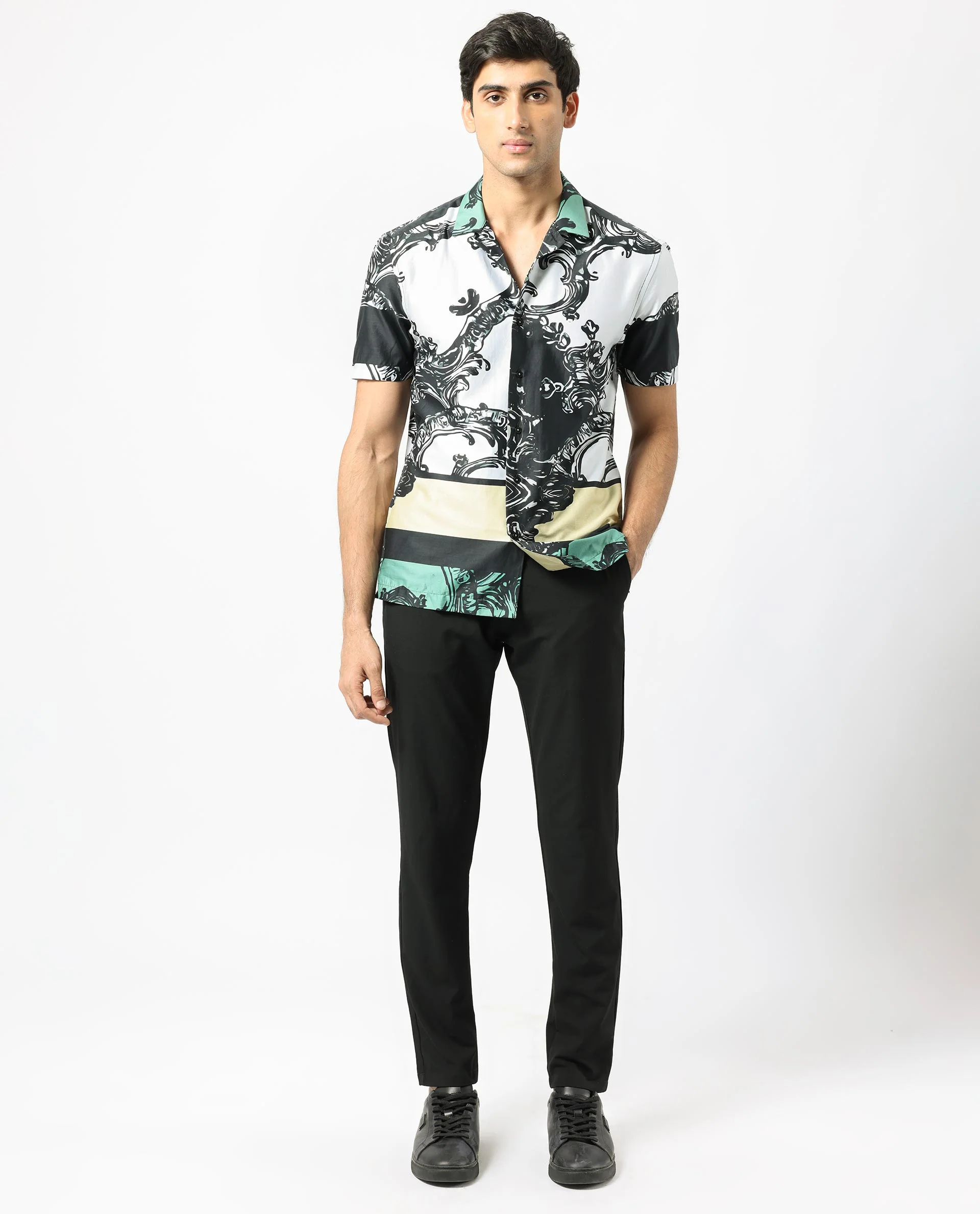 Rare Rabbit Men's Roman White Cotton Abstract Print Regular Fit Half Sleeve Cuban Collar Shirt - Image 5