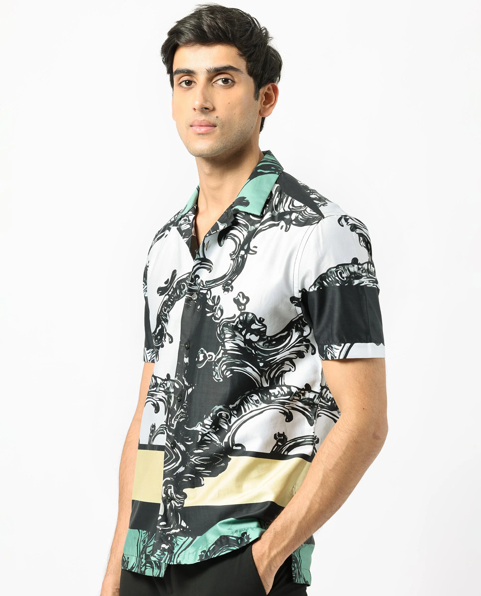 Rare Rabbit Men's Roman White Cotton Abstract Print Regular Fit Half Sleeve Cuban Collar Shirt - Image 6