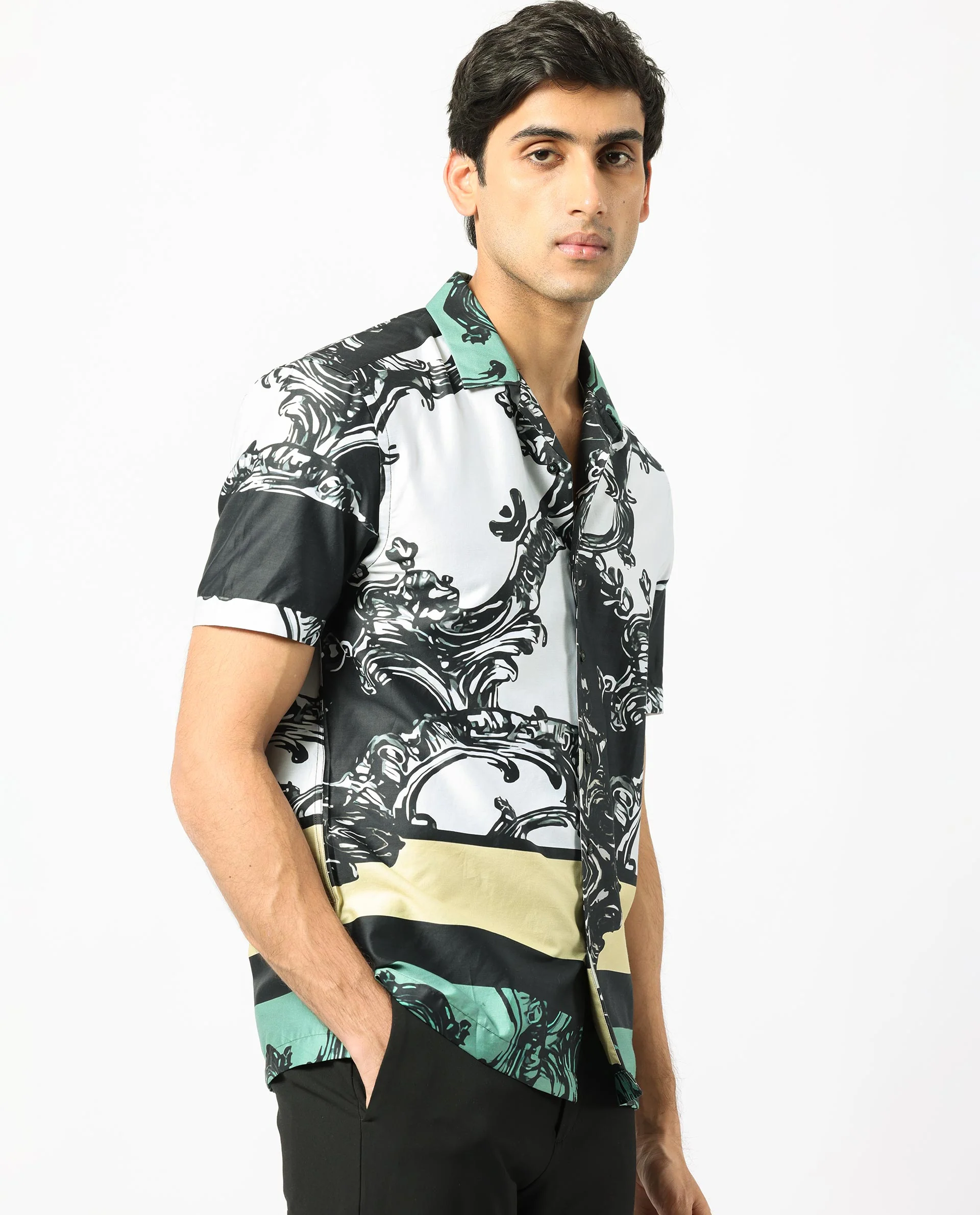 Rare Rabbit Men's Roman White Cotton Abstract Print Regular Fit Half Sleeve Cuban Collar Shirt - Image 7