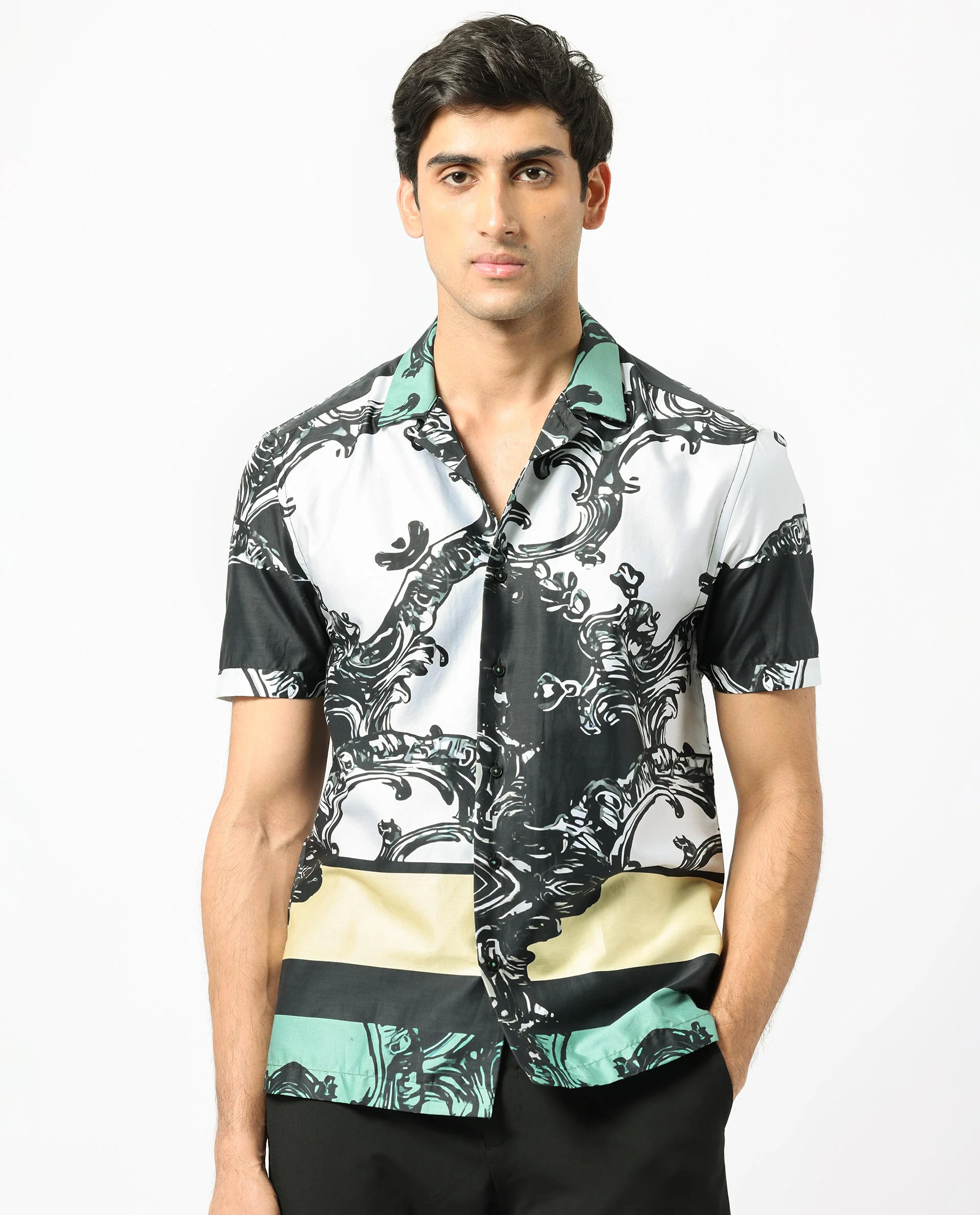 Rare Rabbit Men's Roman White Cotton Abstract Print Regular Fit Half Sleeve Cuban Collar Shirt - Image 8