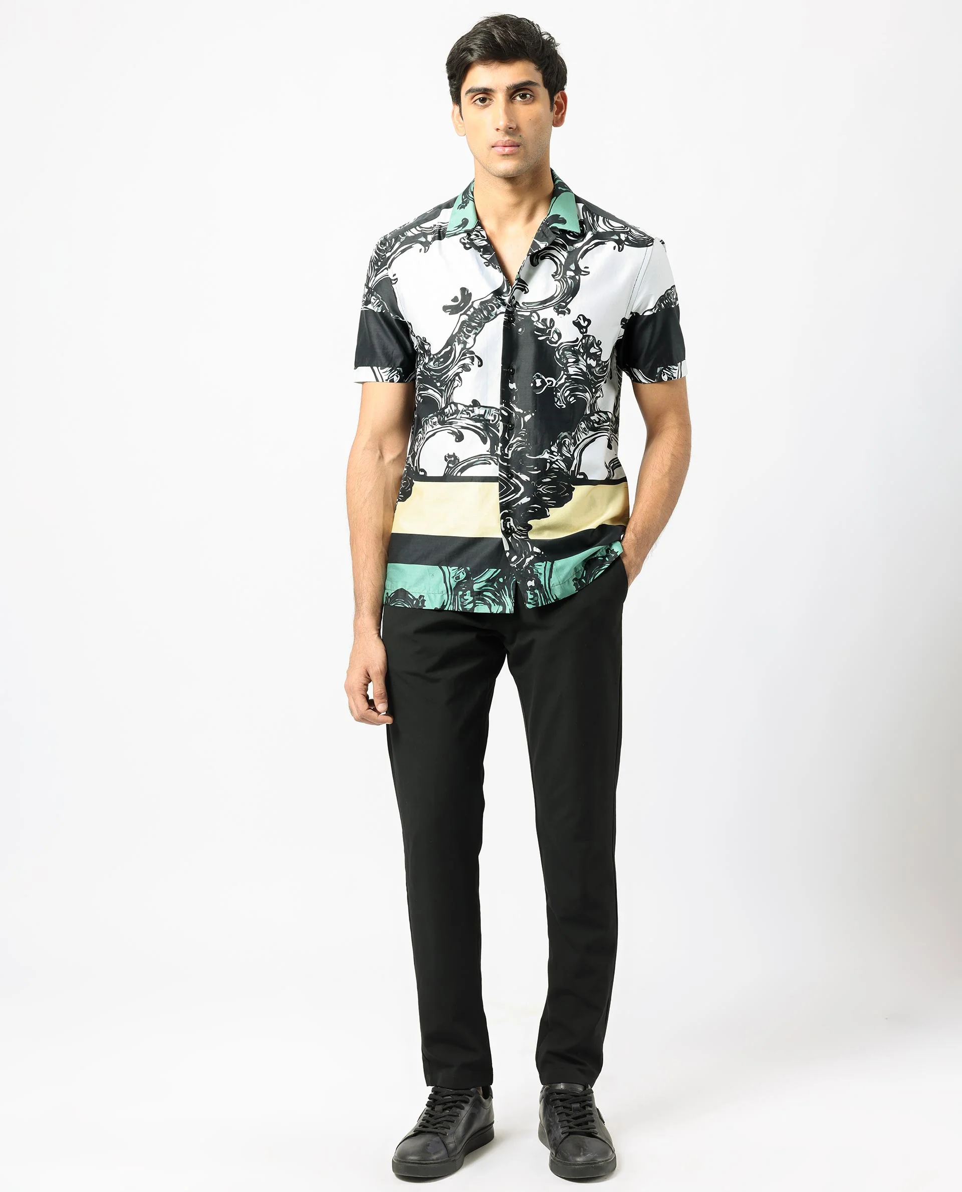Rare Rabbit Men's Roman White Cotton Abstract Print Regular Fit Half Sleeve Cuban Collar Shirt - Image 9