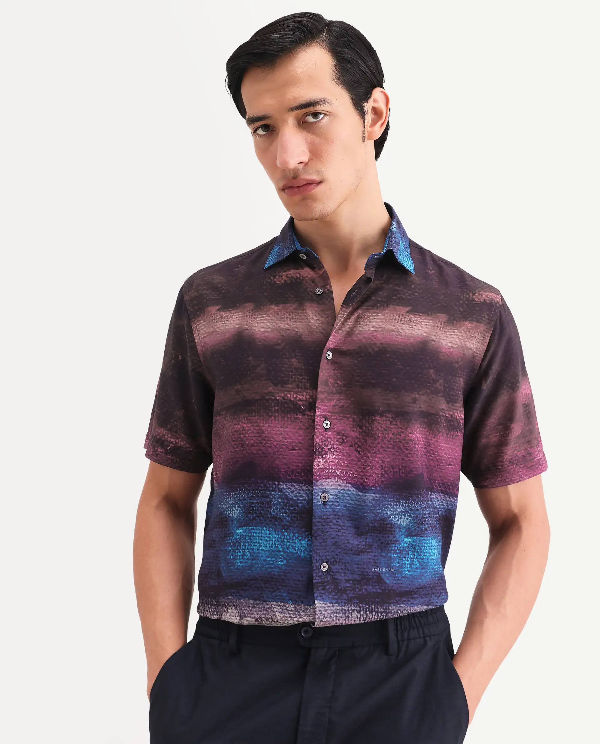 Rare Rabbit Men's Rombren Black Viscose Fabric Half Sleeve Spread Collar Regular Fit Ombre Shirt