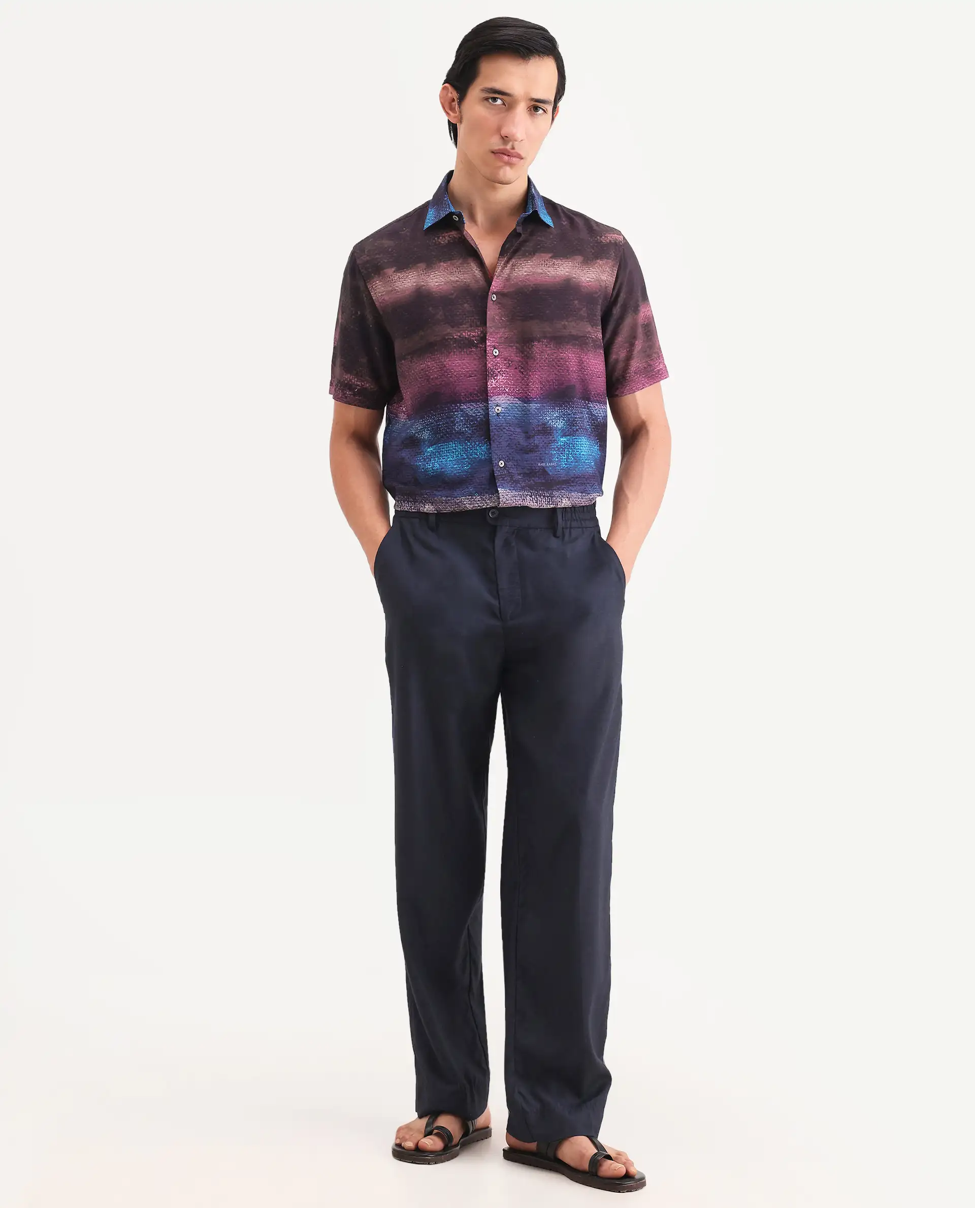 Rare Rabbit Men's Rombren Black Viscose Fabric Half Sleeve Spread Collar Regular Fit Ombre Shirt - Image 2