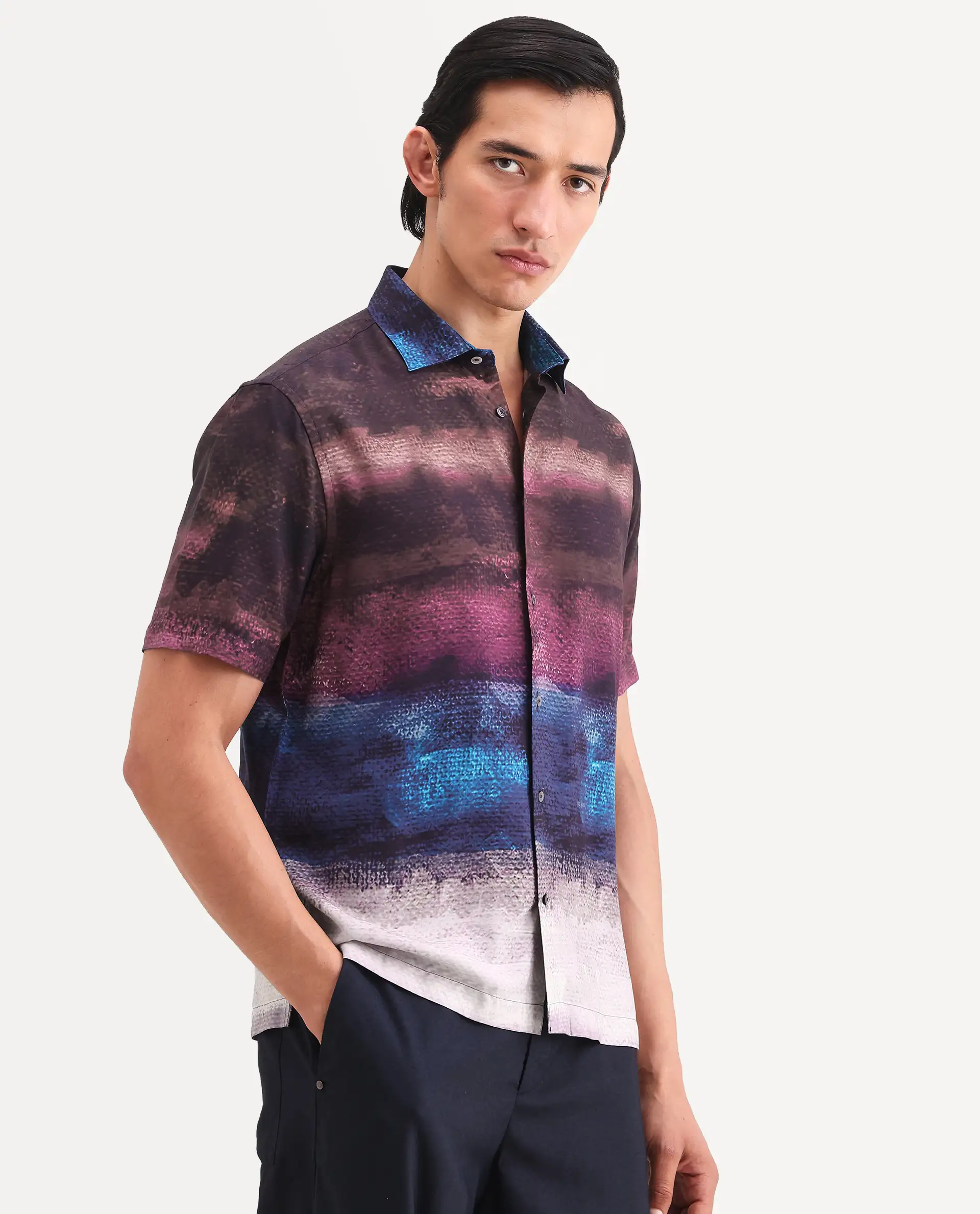 Rare Rabbit Men's Rombren Black Viscose Fabric Half Sleeve Spread Collar Regular Fit Ombre Shirt - Image 4