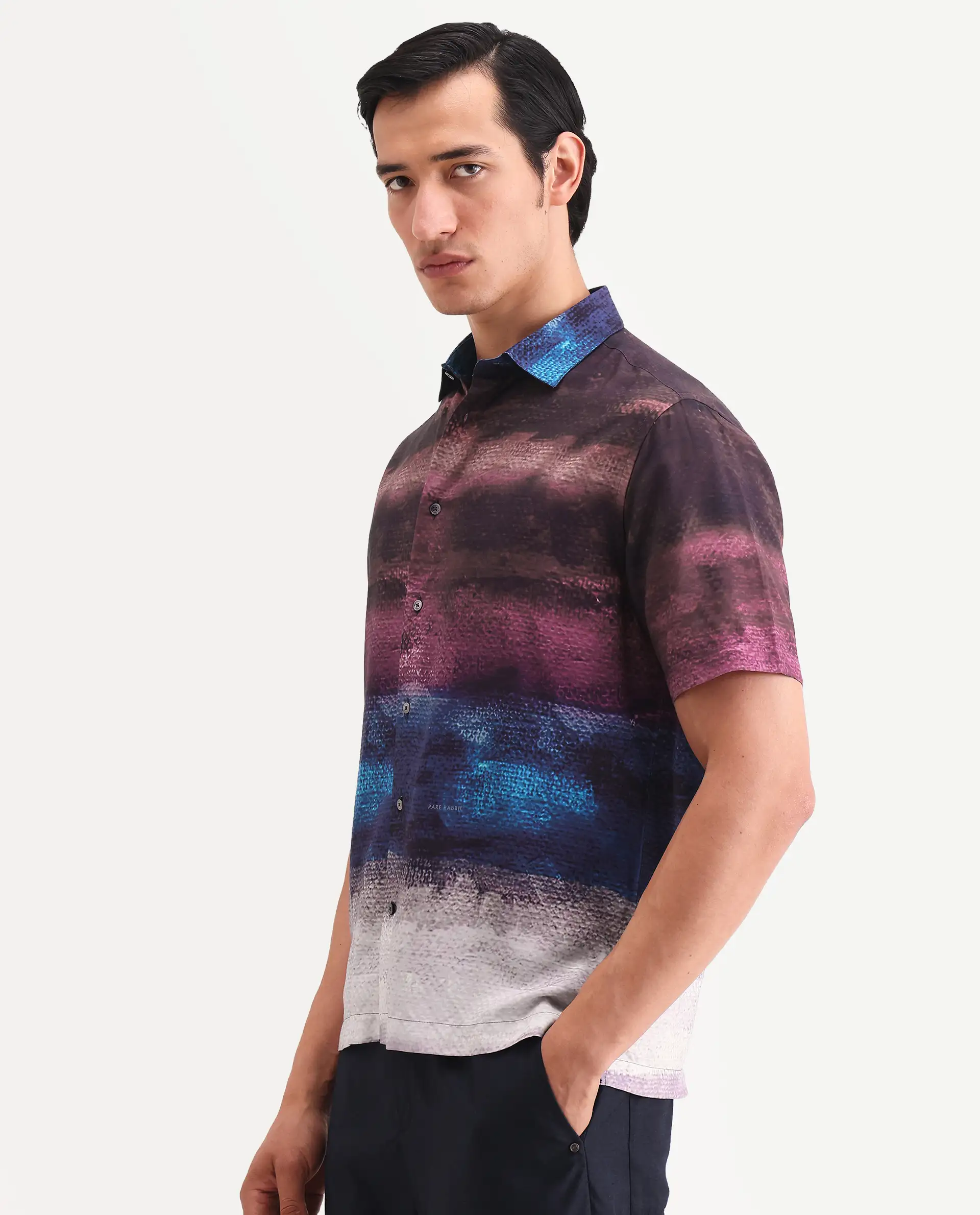 Rare Rabbit Men's Rombren Black Viscose Fabric Half Sleeve Spread Collar Regular Fit Ombre Shirt - Image 5