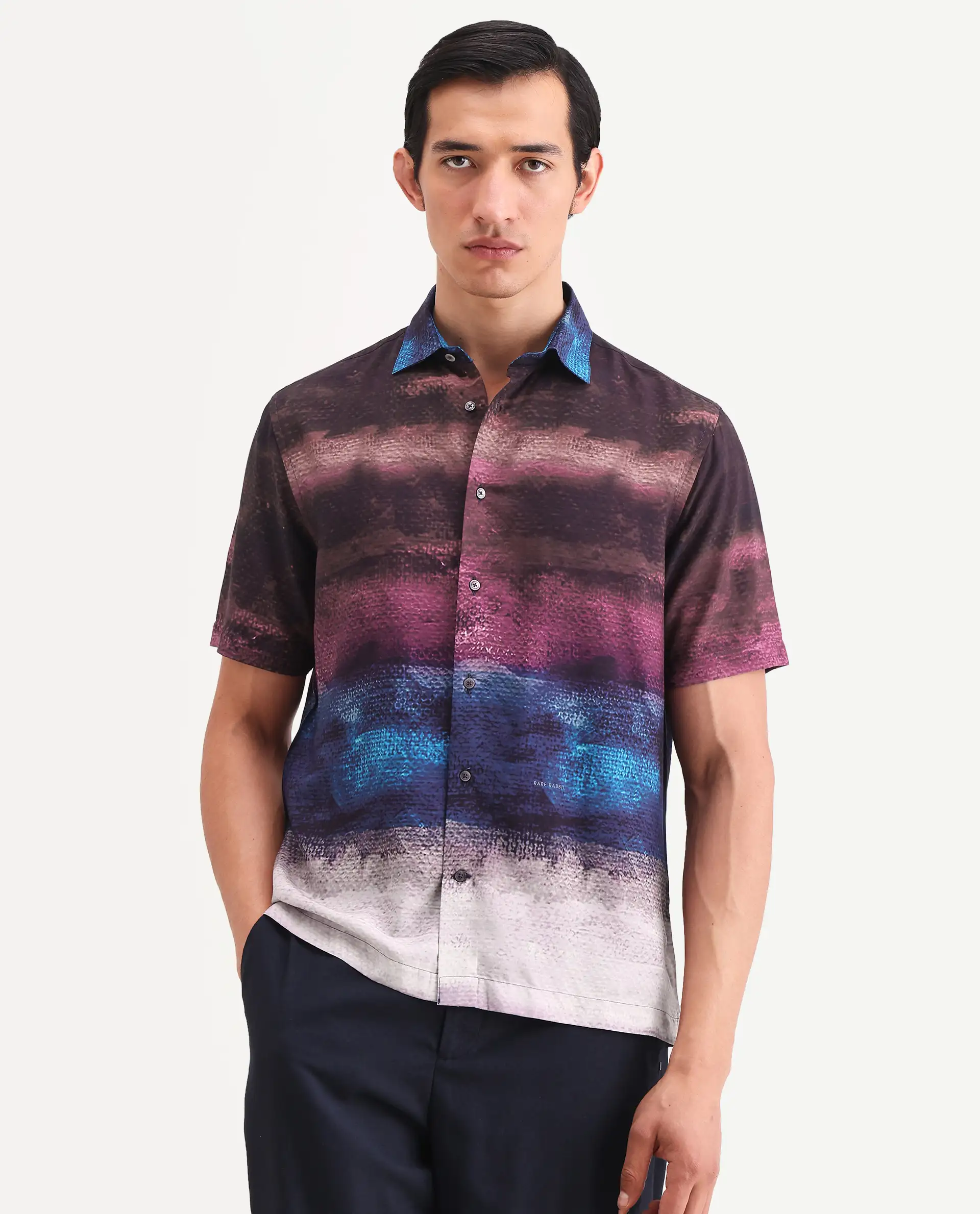 Rare Rabbit Men's Rombren Black Viscose Fabric Half Sleeve Spread Collar Regular Fit Ombre Shirt - Image 6