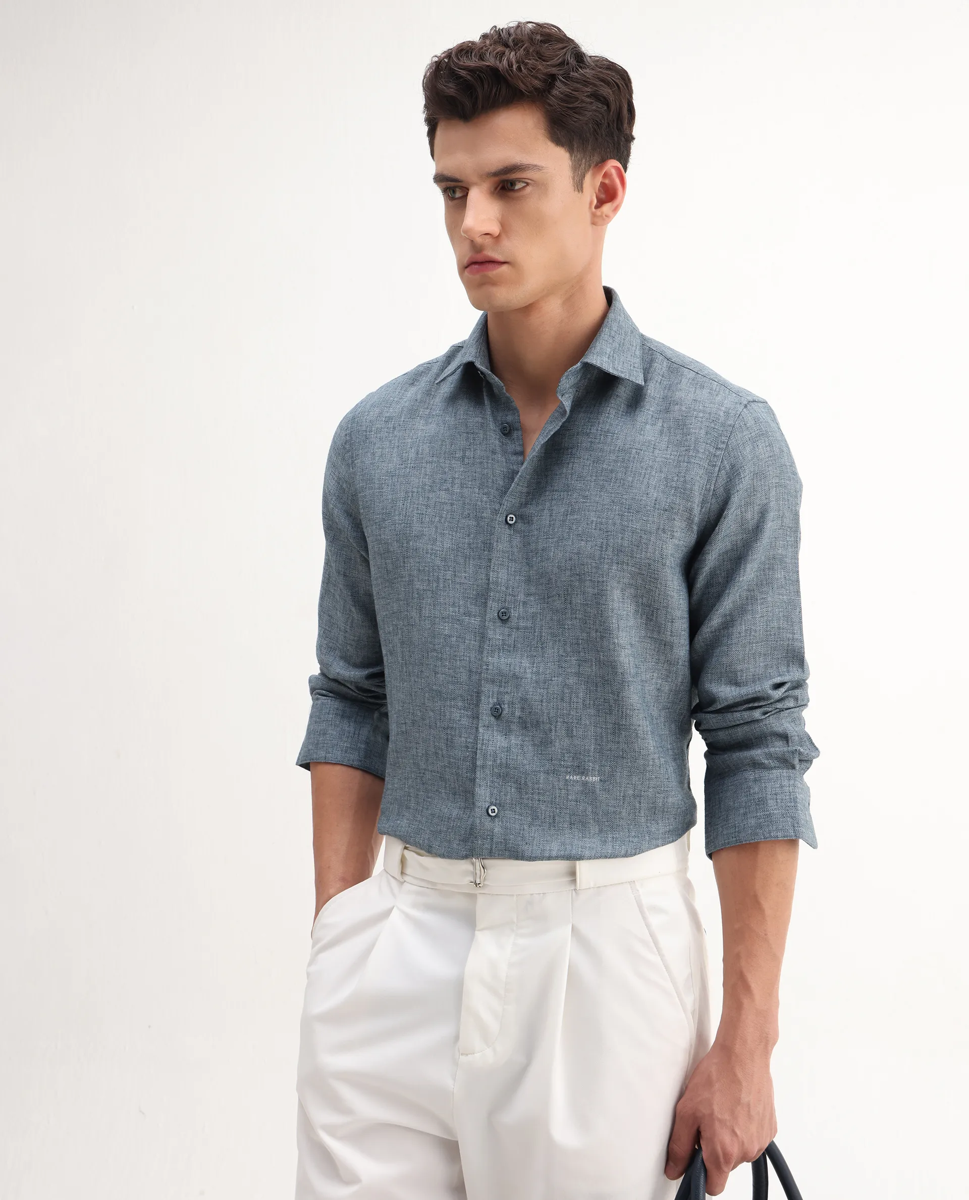 Rare Rabbit Men's Rome-Fs Dusky Blue Polyester Blend Plain Regular Fit Full Sleeve Collared Shirt