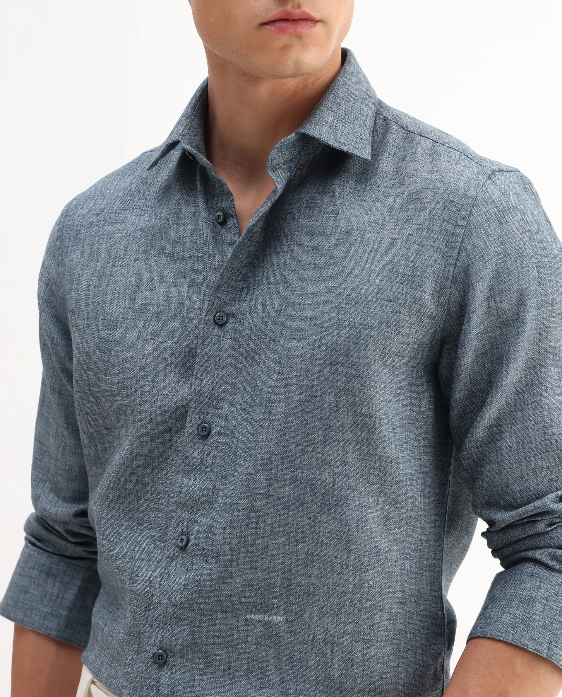 Rare Rabbit Men's Rome-Fs Dusky Blue Polyester Blend Plain Regular Fit Full Sleeve Collared Shirt - Image 3