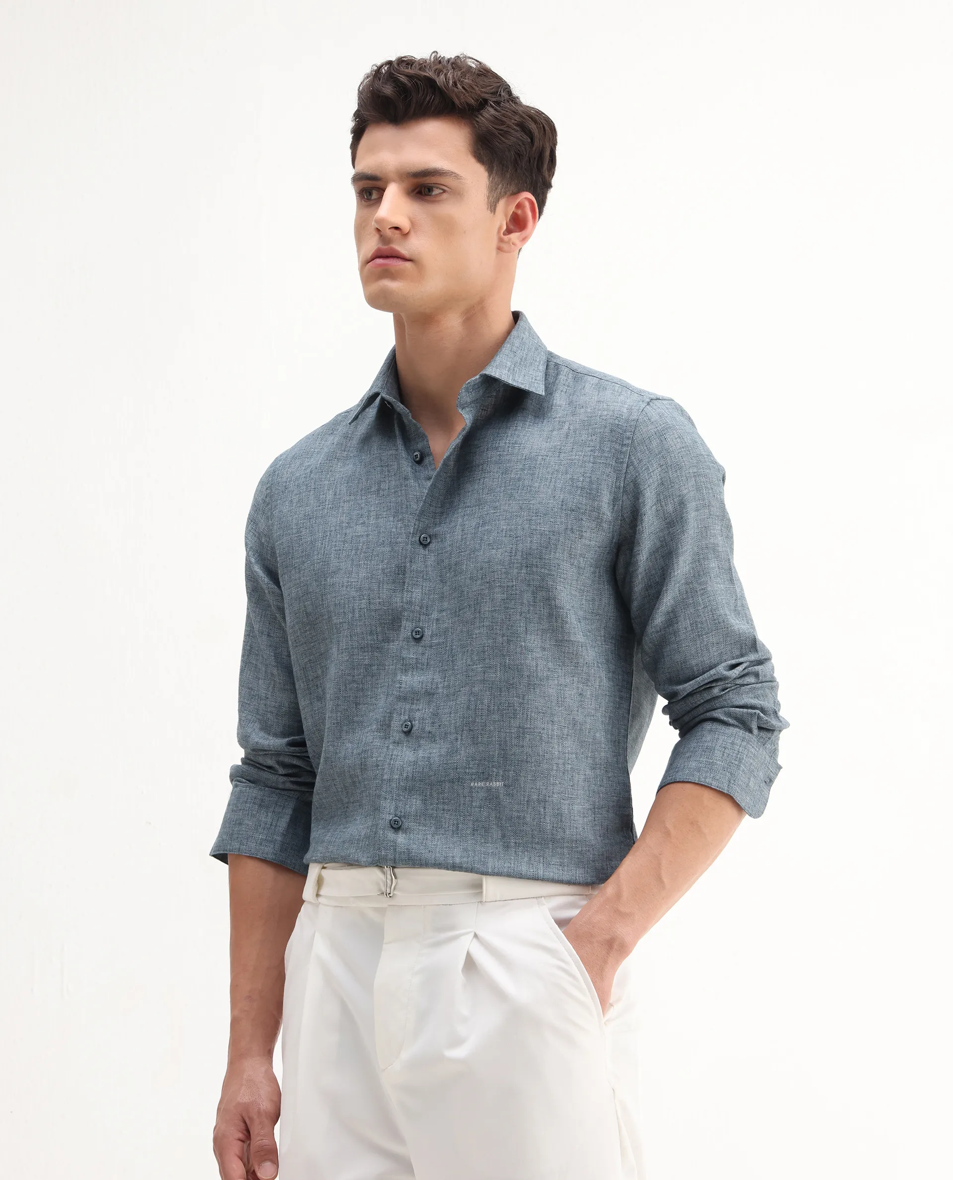 Rare Rabbit Men's Rome-Fs Dusky Blue Polyester Blend Plain Regular Fit Full Sleeve Collared Shirt - Image 4