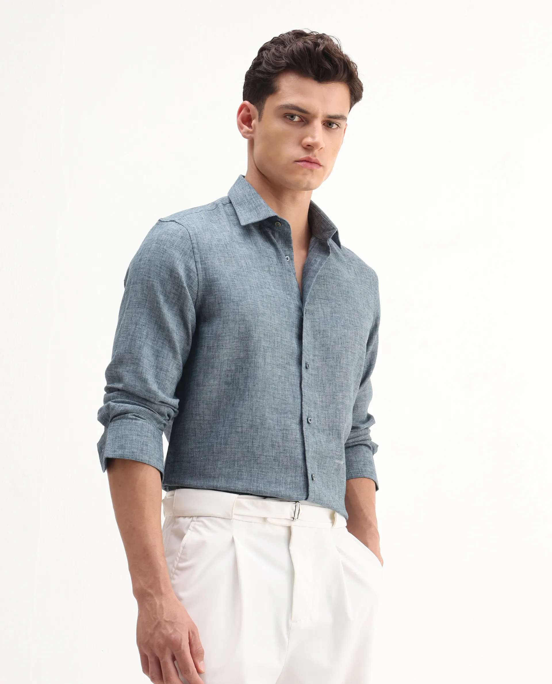 Rare Rabbit Men's Rome-Fs Dusky Blue Polyester Blend Plain Regular Fit Full Sleeve Collared Shirt - Image 5