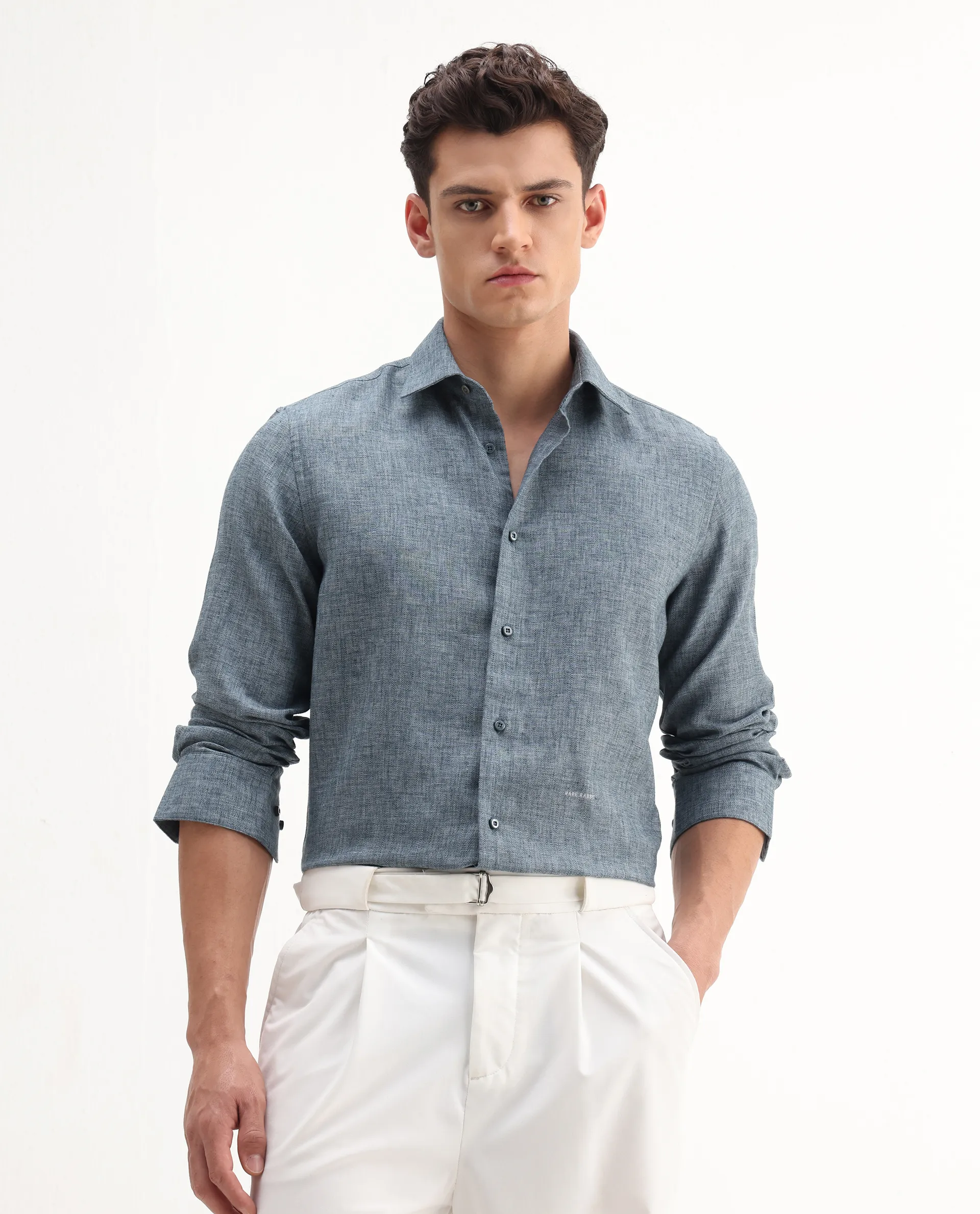 Rare Rabbit Men's Rome-Fs Dusky Blue Polyester Blend Plain Regular Fit Full Sleeve Collared Shirt - Image 6