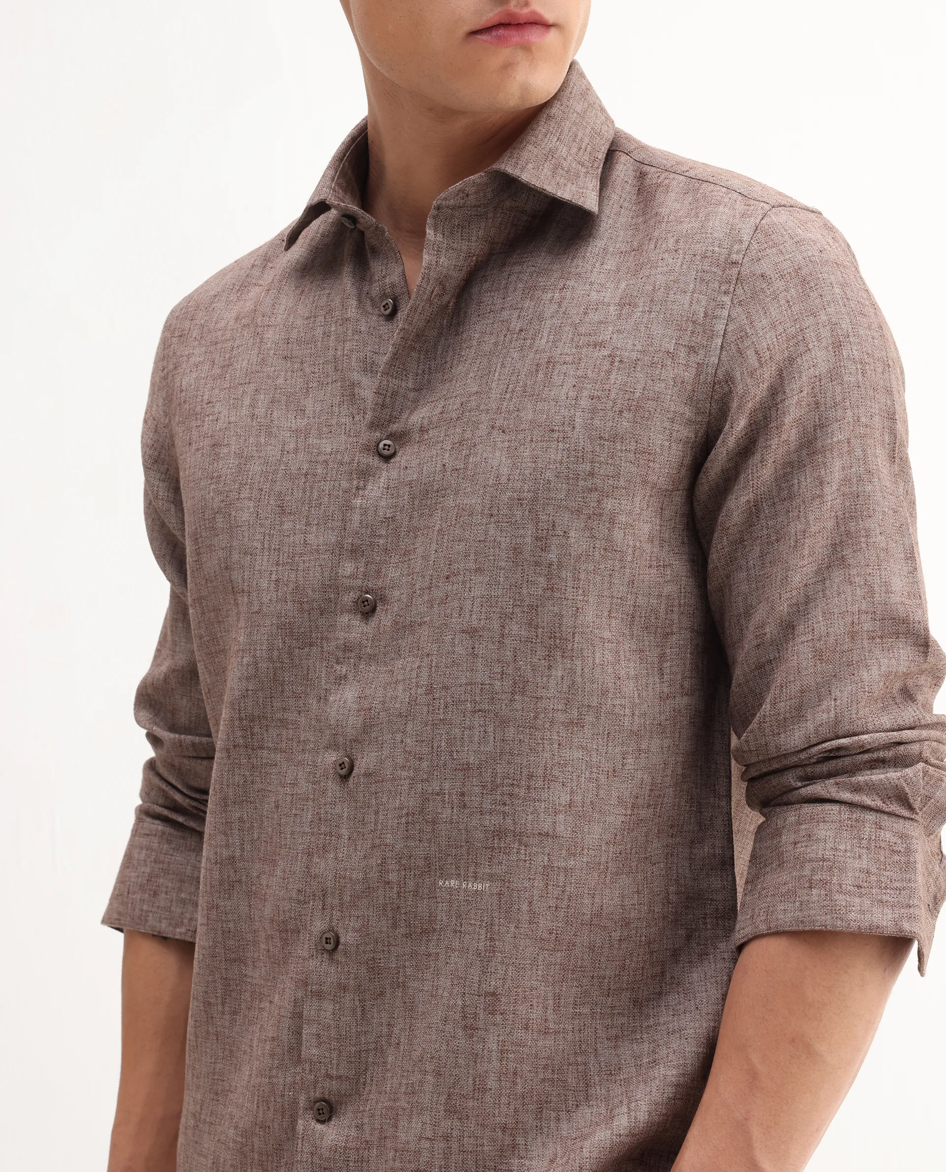Rare Rabbit Men's Rome-Fs Dusky Brown Polyester Blend Plain Regular Fit Full Sleeve Collared Shirt - Image 3