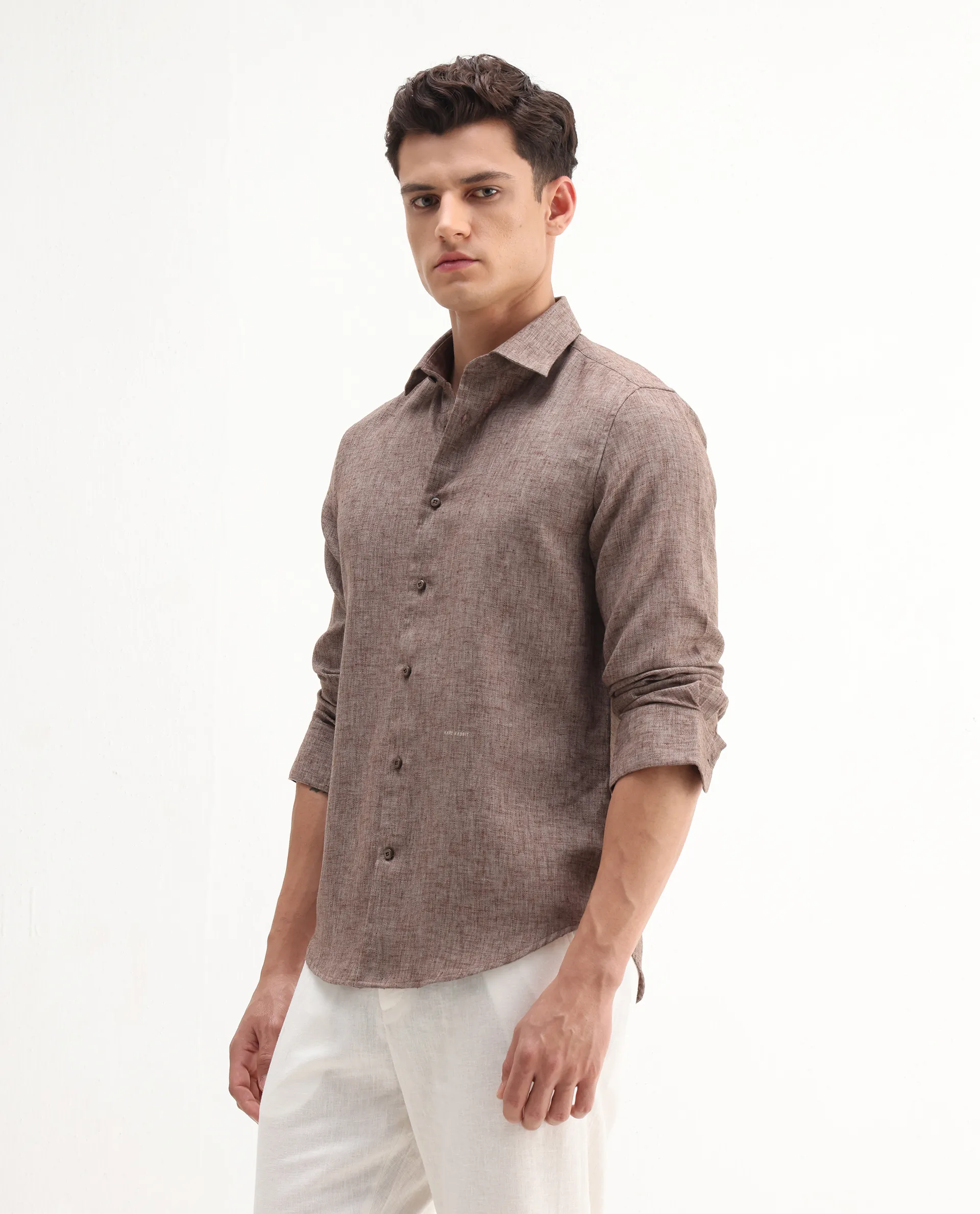 Rare Rabbit Men's Rome-Fs Dusky Brown Polyester Blend Plain Regular Fit Full Sleeve Collared Shirt - Image 4