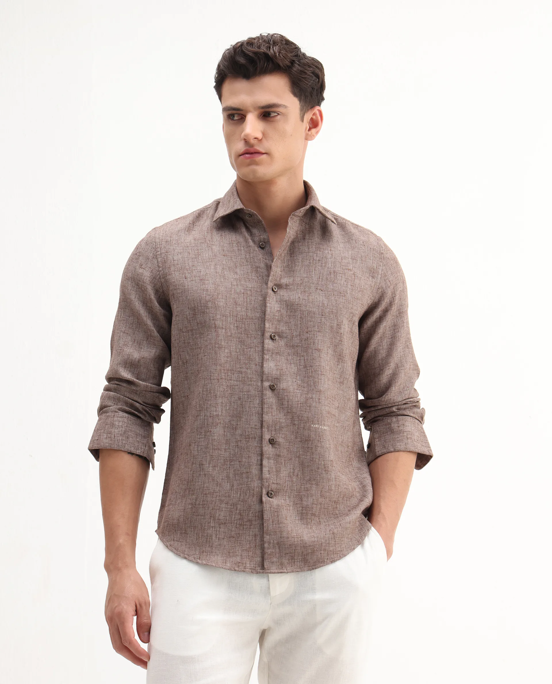 Rare Rabbit Men's Rome-Fs Dusky Brown Polyester Blend Plain Regular Fit Full Sleeve Collared Shirt - Image 5