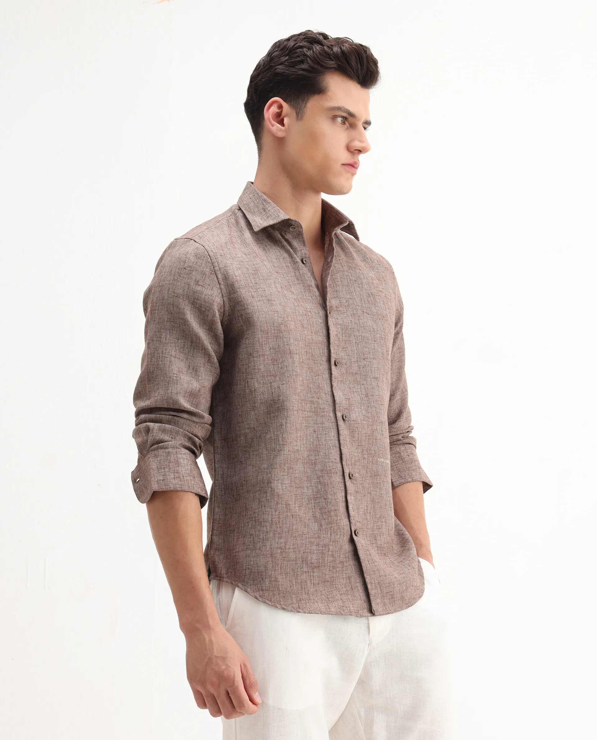 Rare Rabbit Men's Rome-Fs Dusky Brown Polyester Blend Plain Regular Fit Full Sleeve Collared Shirt - Image 6