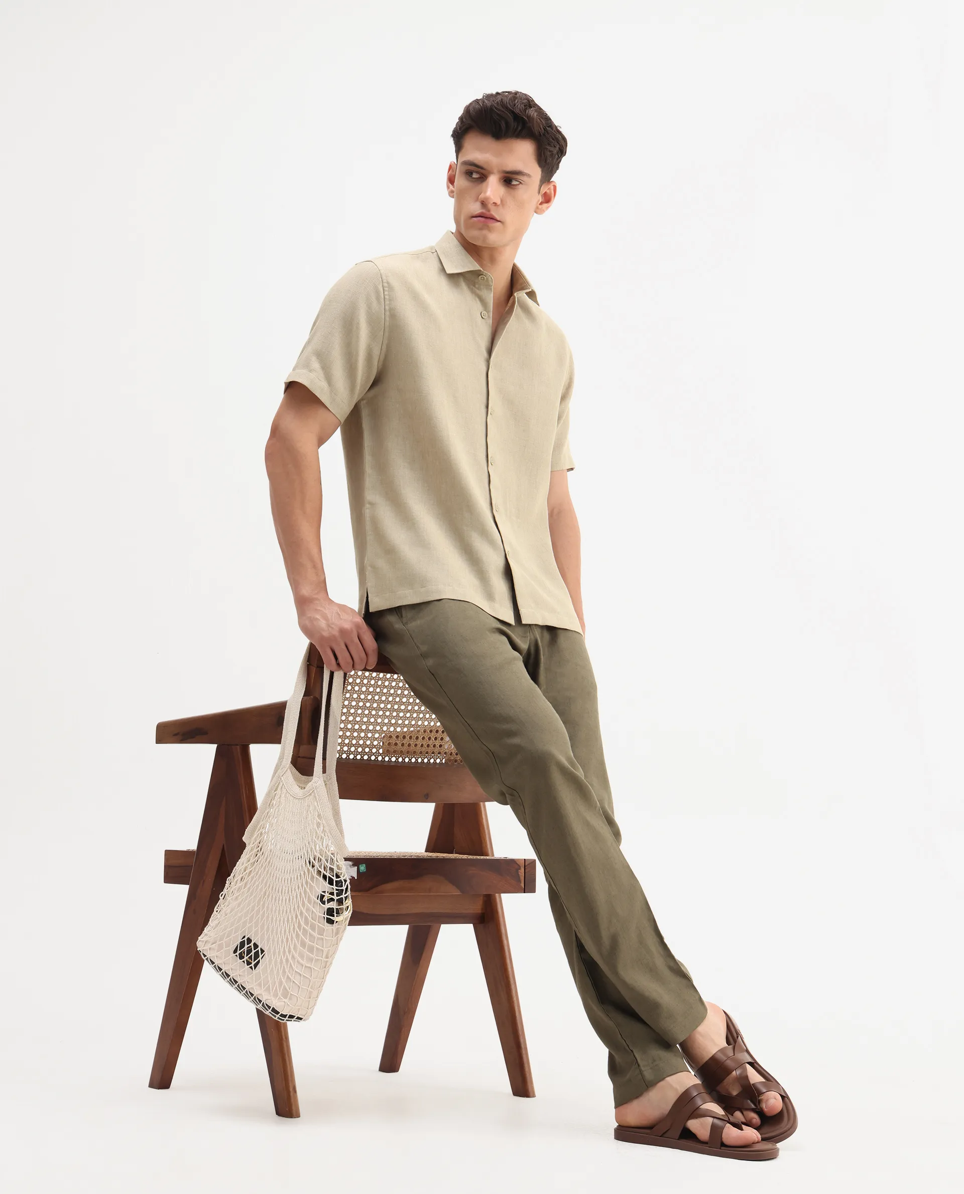 Rare Rabbit Men's Rome-Ss - Dusky Beige Polyester Plain Regular Fit Half Sleeve Collared Shirt - Image 2