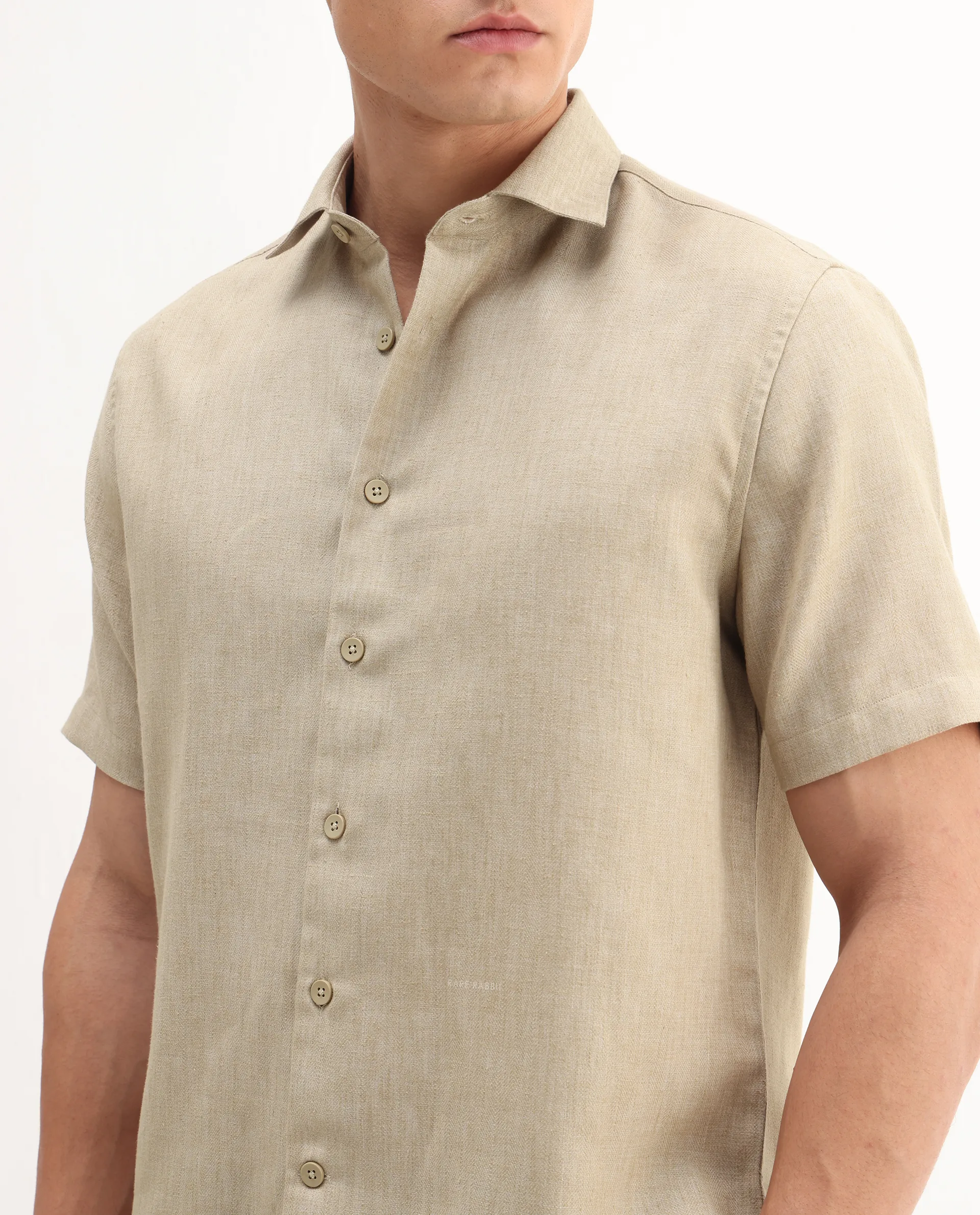 Rare Rabbit Men's Rome-Ss - Dusky Beige Polyester Plain Regular Fit Half Sleeve Collared Shirt - Image 3