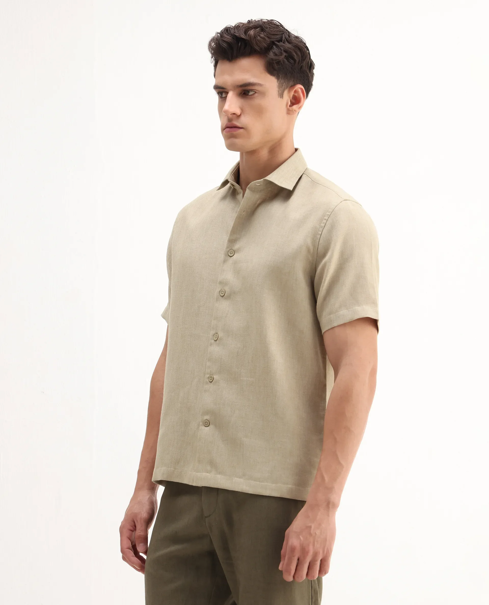 Rare Rabbit Men's Rome-Ss - Dusky Beige Polyester Plain Regular Fit Half Sleeve Collared Shirt - Image 4