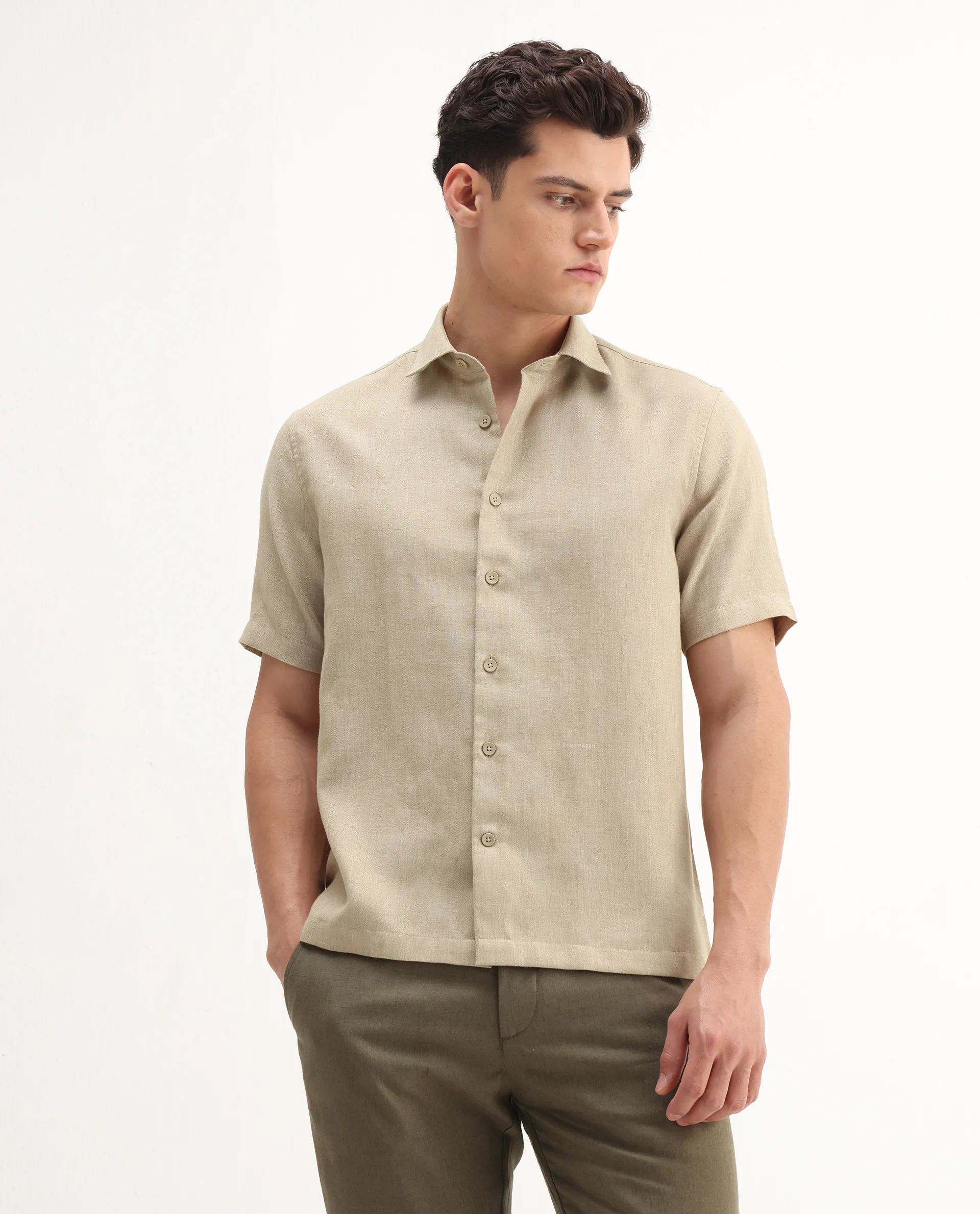 Rare Rabbit Men's Rome-Ss - Dusky Beige Polyester Plain Regular Fit Half Sleeve Collared Shirt - Image 5