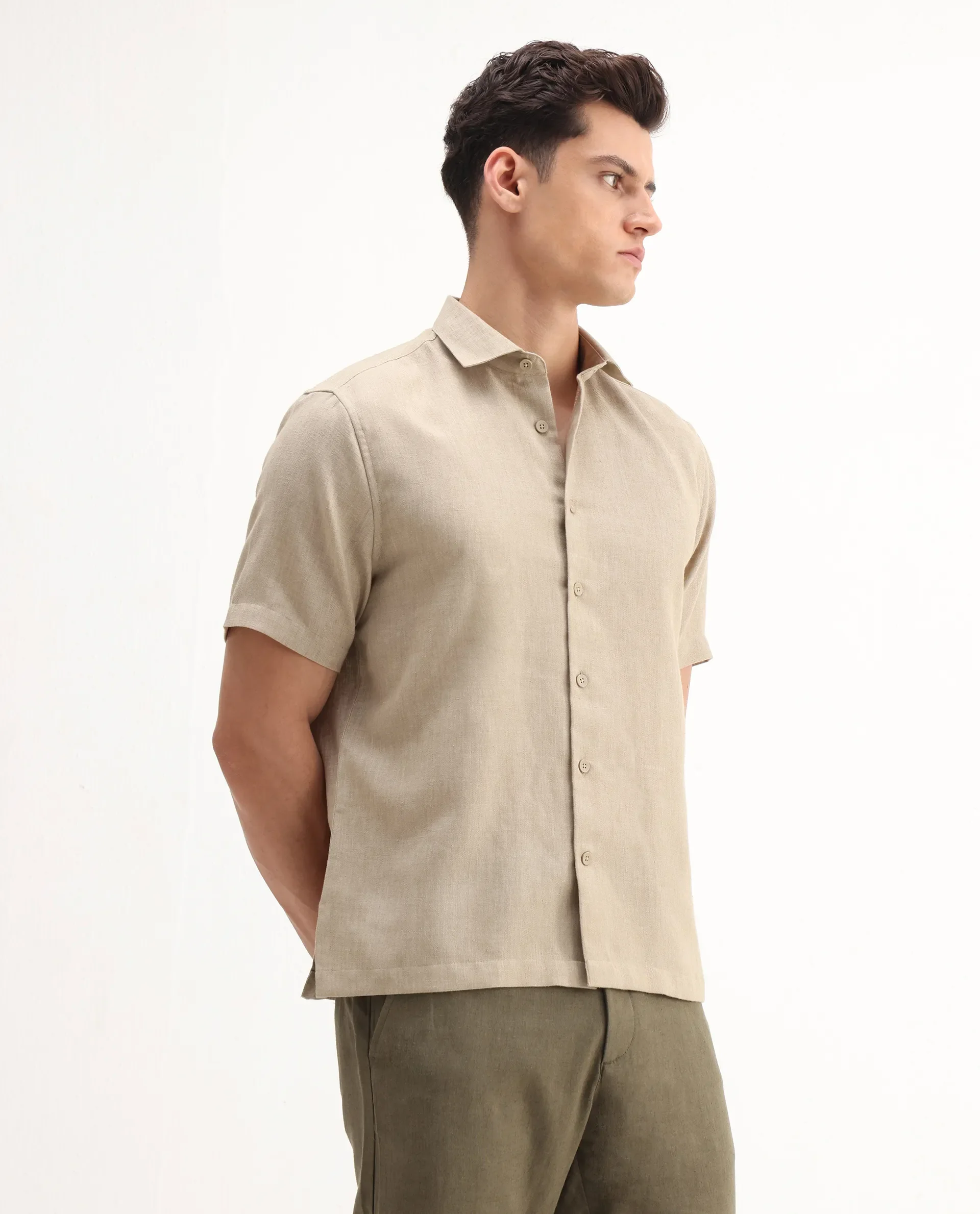 Rare Rabbit Men's Rome-Ss - Dusky Beige Polyester Plain Regular Fit Half Sleeve Collared Shirt - Image 6